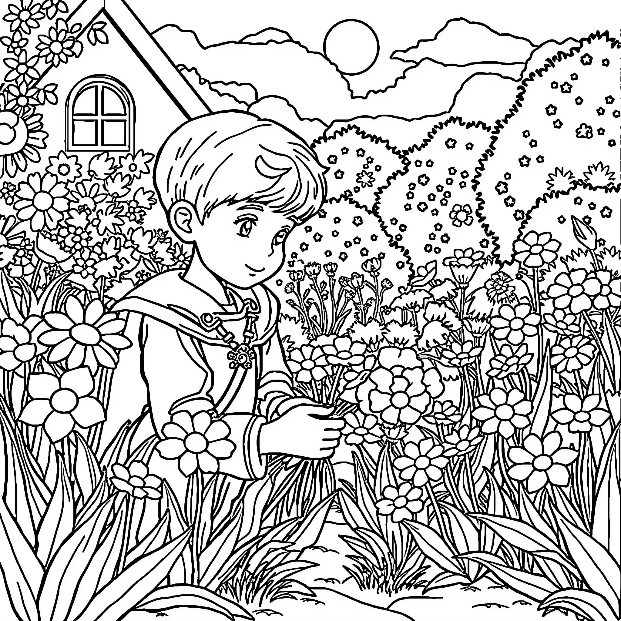 Prince exploring a whimsical flower-filled garden Coloring Page (free black-and-white line drawing printable PDF for all, from beginners to advanced learners, including children, teens, adults, and seniors)