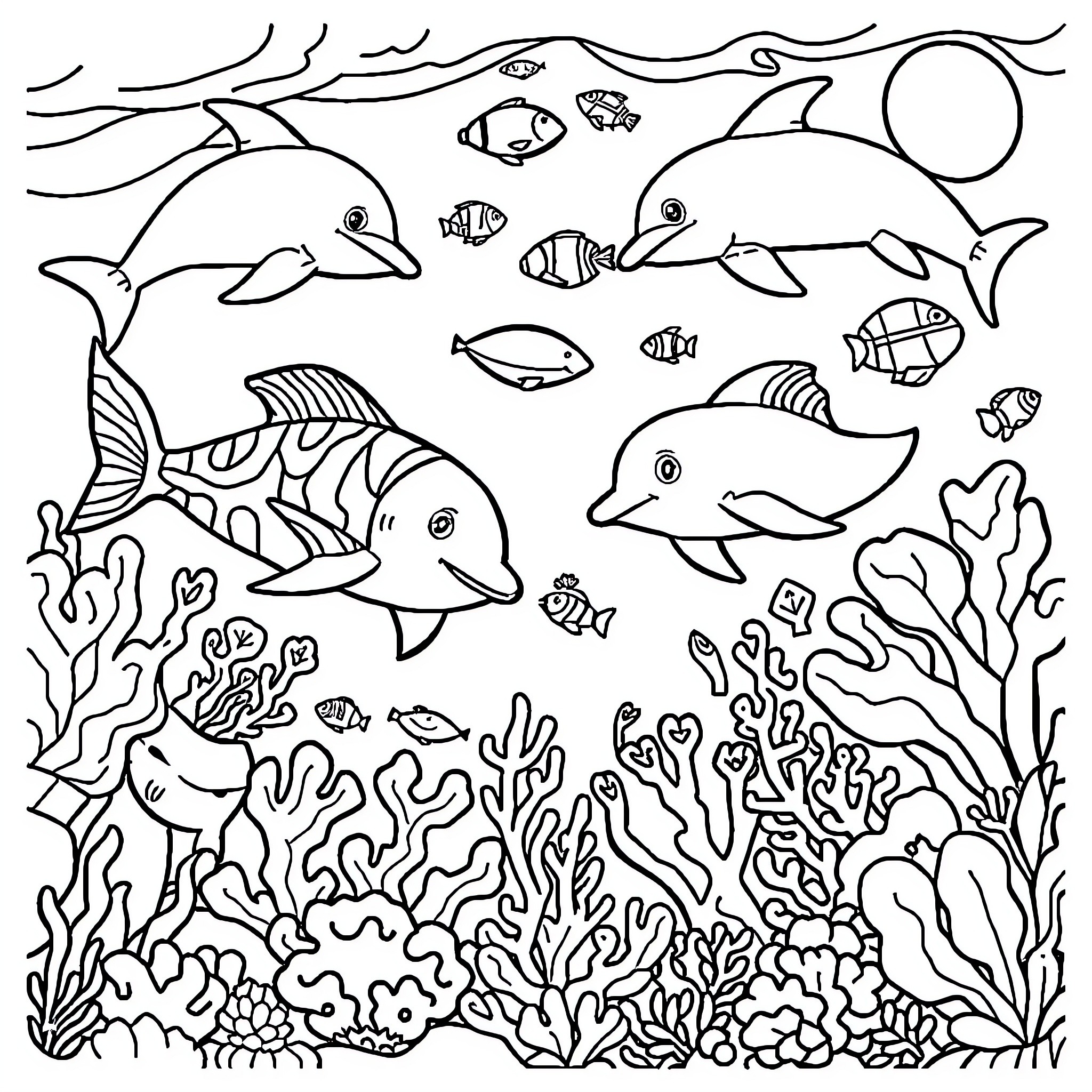 Book of Underwater Ocean Creatures and Coral Reef Coloring Page (free black-and-white line drawing printable PDF for all, from beginners to advanced learners, including children, teens, adults, and seniors)