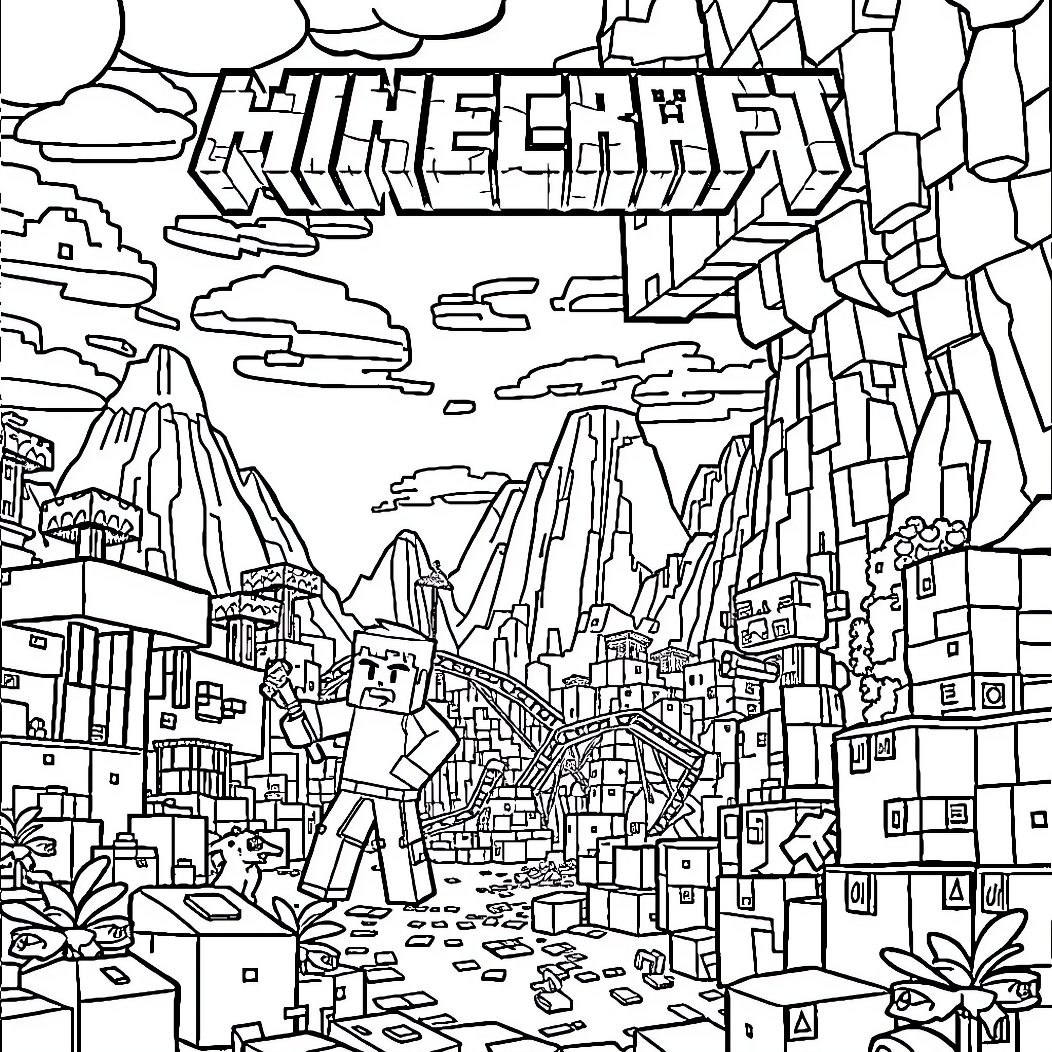 Minecraft adventure in a blocky landscape Coloring Page (free black-and-white line drawing printable PDF for all, from beginners to advanced learners, including children, teens, adults, and seniors)