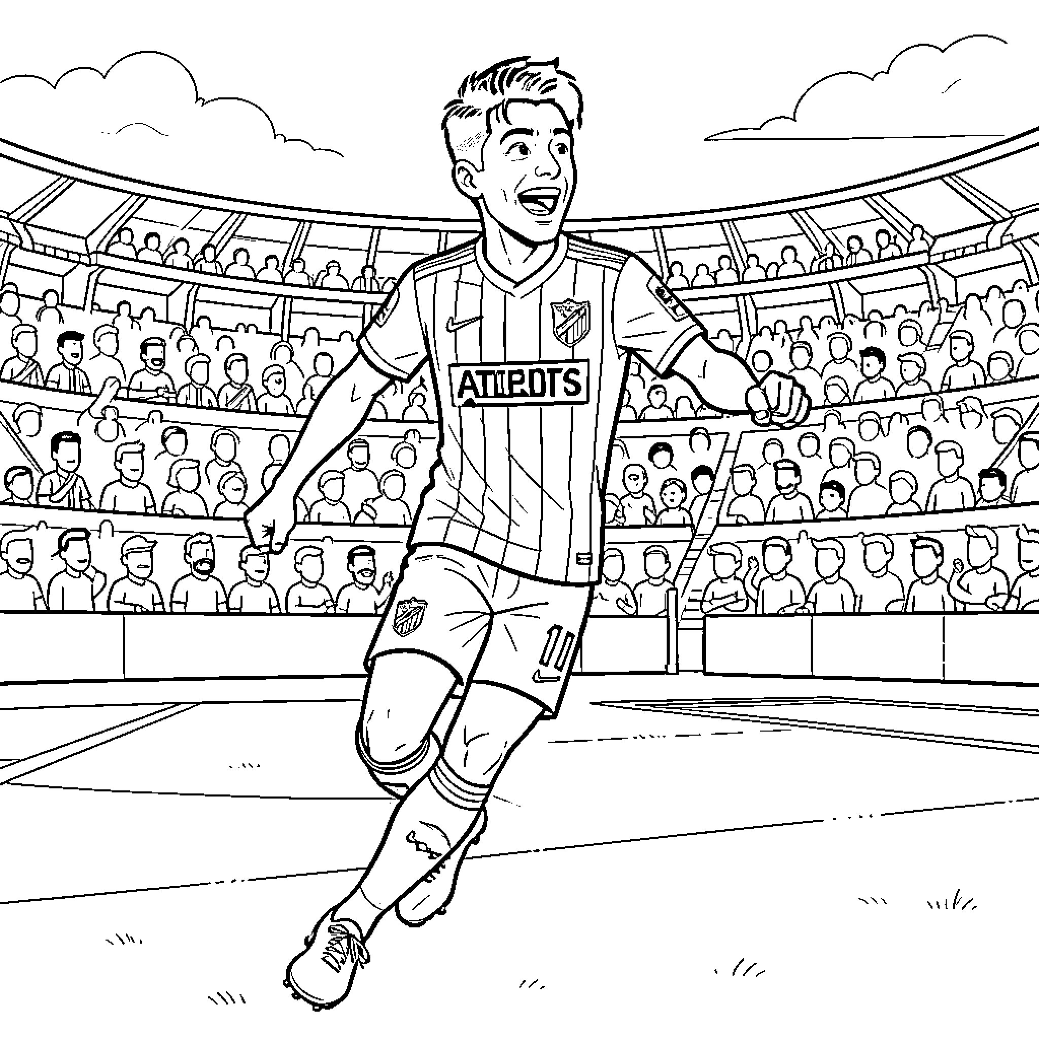 Julian Alvarez celebrating a goal on the soccer field Coloring Page (free black-and-white line drawing printable PDF for all, from beginners to advanced learners, including children, teens, adults, and seniors)