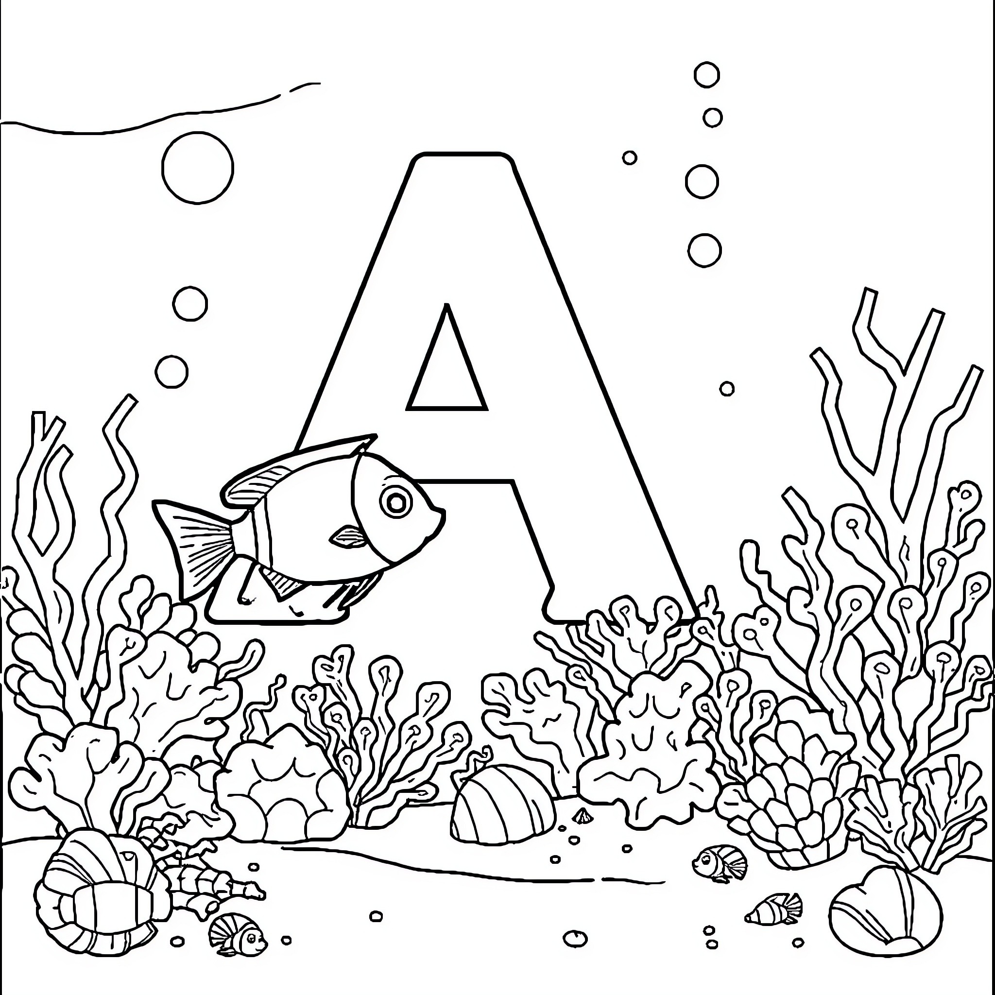 Angelfish exploring underwater reef ecosystem Coloring Page (free black-and-white line drawing printable PDF for all, from beginners to advanced learners, including children, teens, adults, and seniors)
