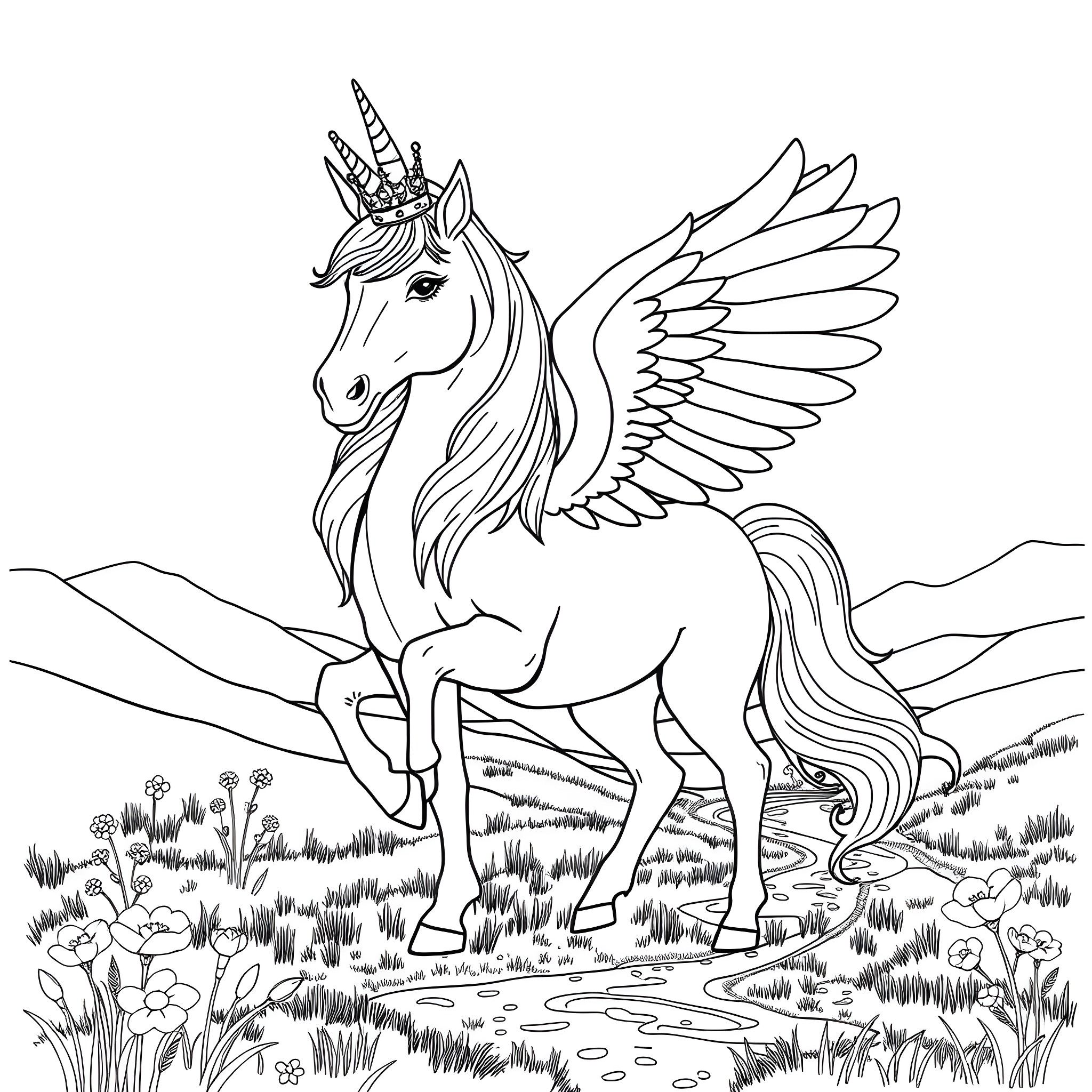 Unicorn spreading its wings in a scenic landscape Coloring Page (free black-and-white line drawing printable PDF for all, from beginners to advanced learners, including children, teens, adults, and seniors)
