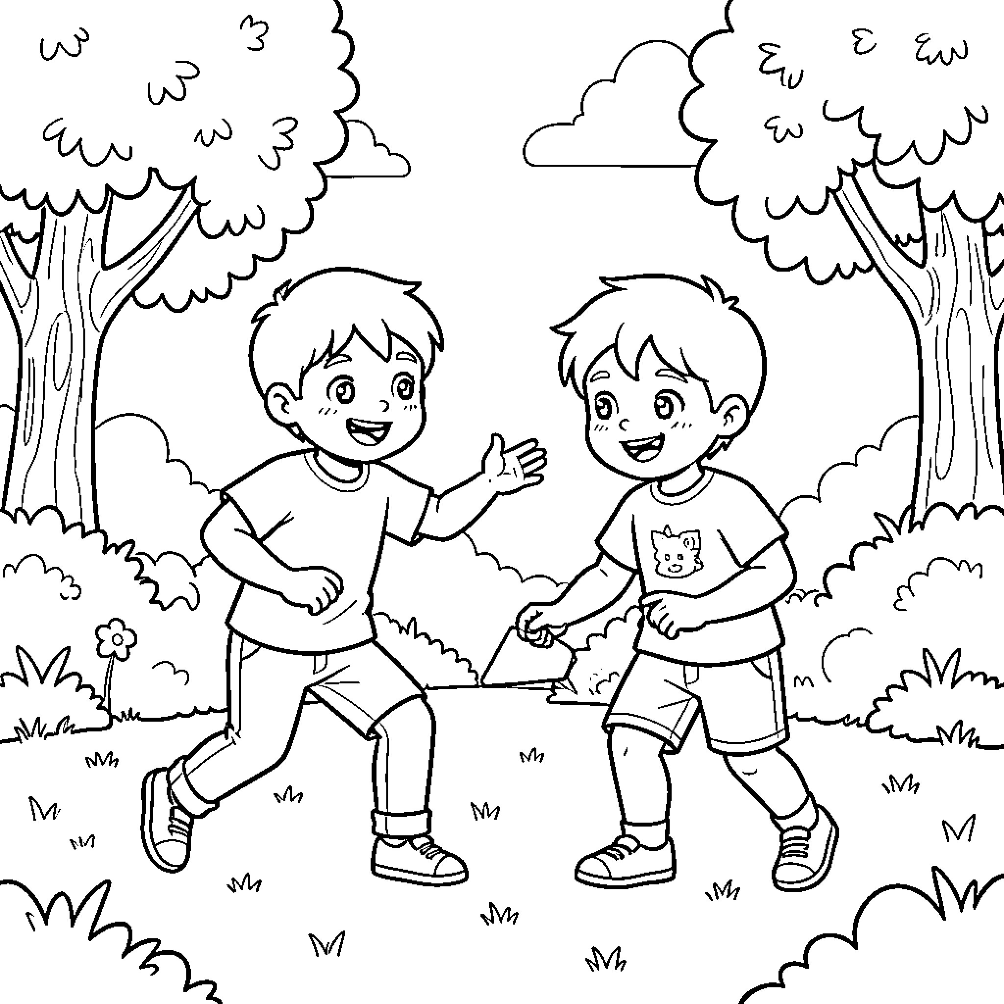 Boy playing joyfully with a friend in a park Coloring Page (free black-and-white line drawing printable PDF for all, from beginners to advanced learners, including children, teens, adults, and seniors)