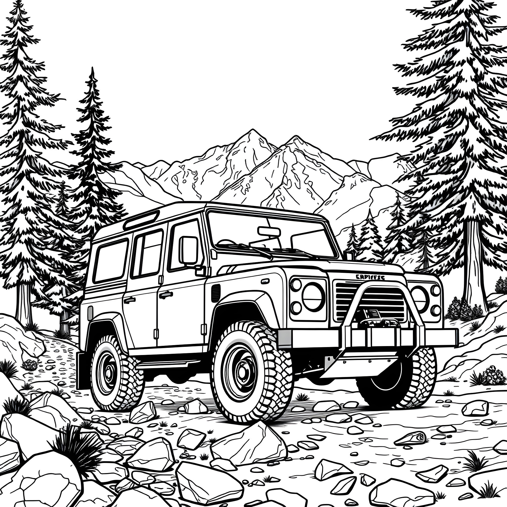 Landrover exploring the wilderness Coloring Page (free black-and-white line drawing printable PDF for all, from beginners to advanced learners, including children, teens, adults, and seniors)