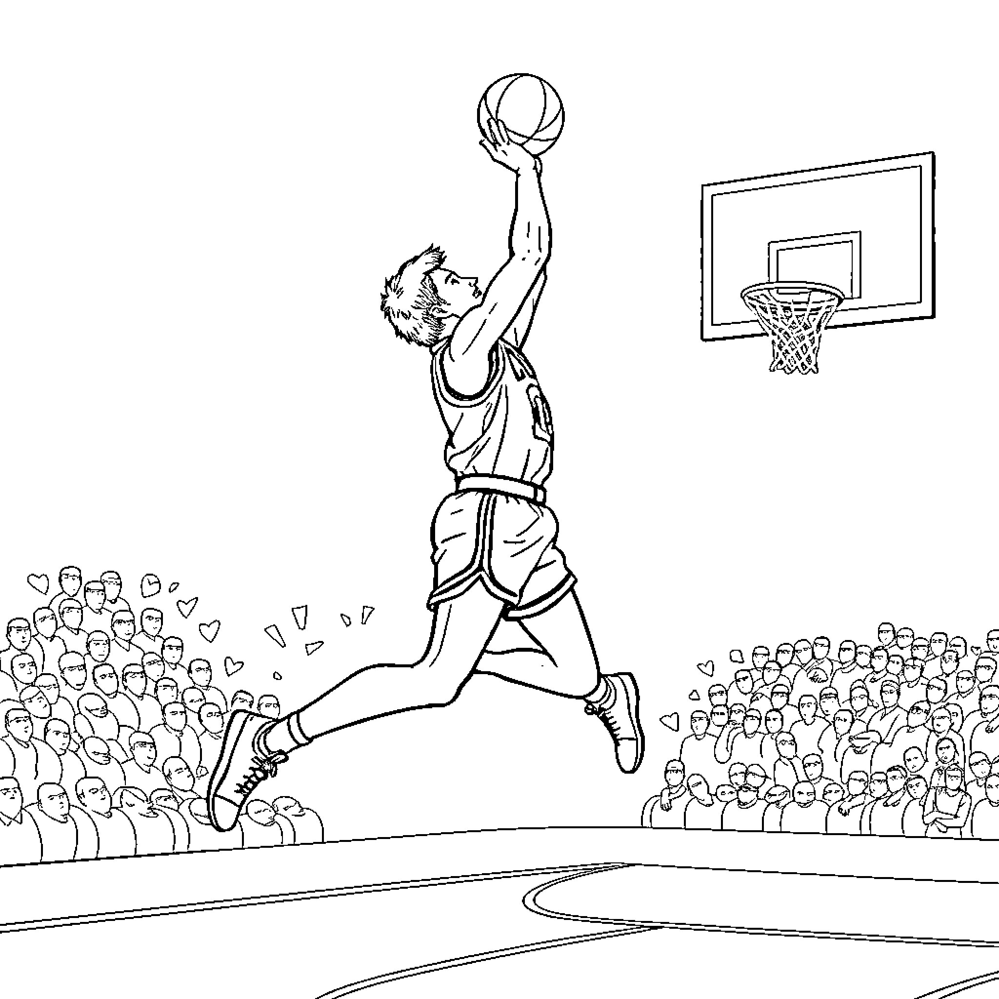 Larry Bird's Dynamic Dunk Amid Cheering Crowd Coloring Page (free black-and-white line drawing printable PDF for all, from beginners to advanced learners, including children, teens, adults, and seniors)