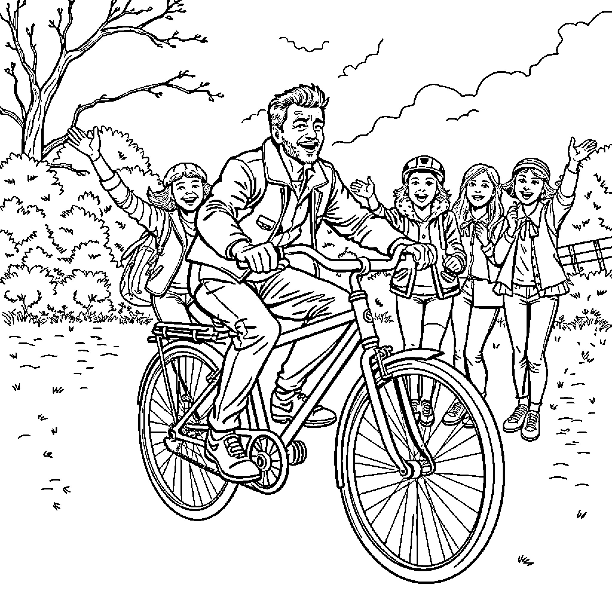 Bicycle ride with family in nature Coloring Page (free black-and-white line drawing printable PDF for all, from beginners to advanced learners, including children, teens, adults, and seniors)