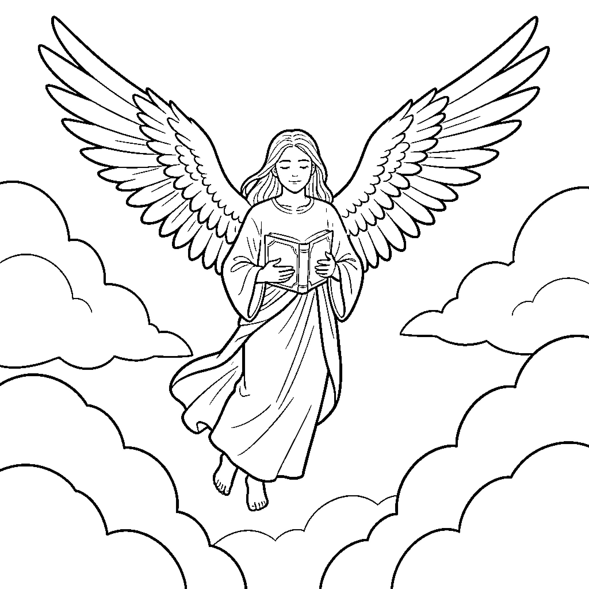 Angel reading a book in the clouds Coloring Page (free black-and-white line drawing printable PDF for all, from beginners to advanced learners, including children, teens, adults, and seniors)
