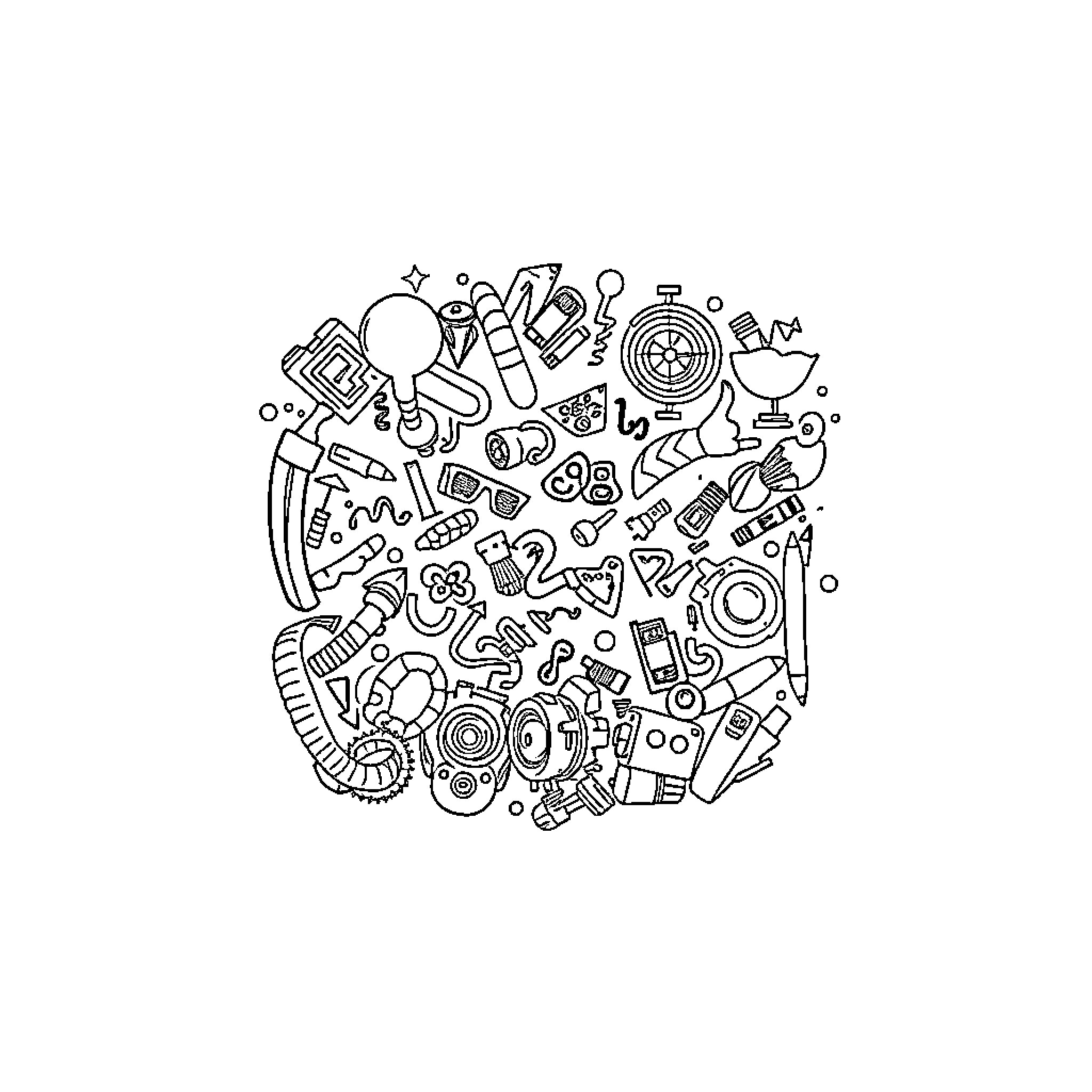Doodle of Miscellaneous Objects and Shapes Coloring Page (free black-and-white line drawing printable PDF for all, from beginners to advanced learners, including children, teens, adults, and seniors)