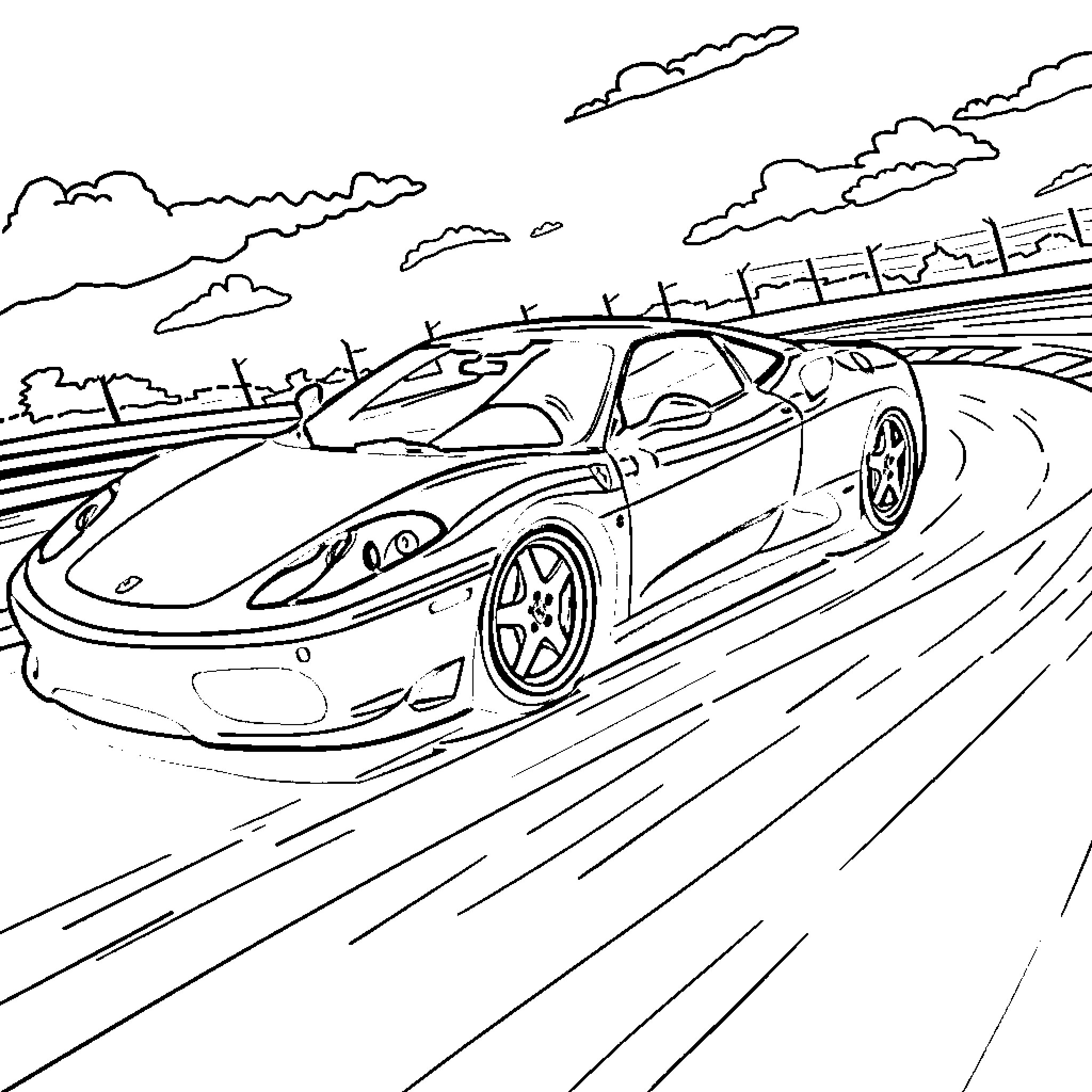 Ferrari racing on the open road Coloring Page (free black-and-white line drawing printable PDF for all, from beginners to advanced learners, including children, teens, adults, and seniors)