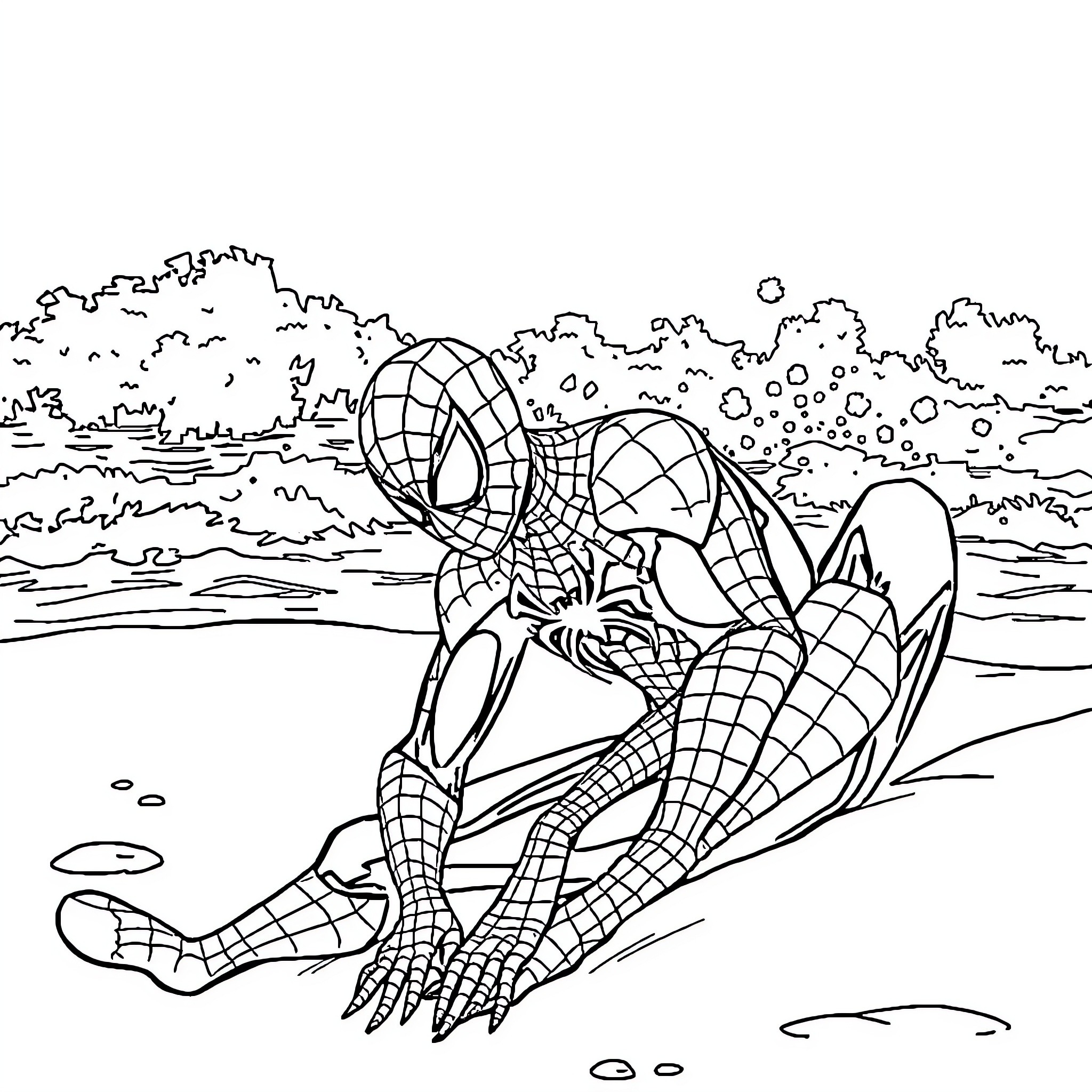 Spiderman swinging through a web-filled landscape Coloring Page (free black-and-white line drawing printable PDF for all, from beginners to advanced learners, including children, teens, adults, and seniors)