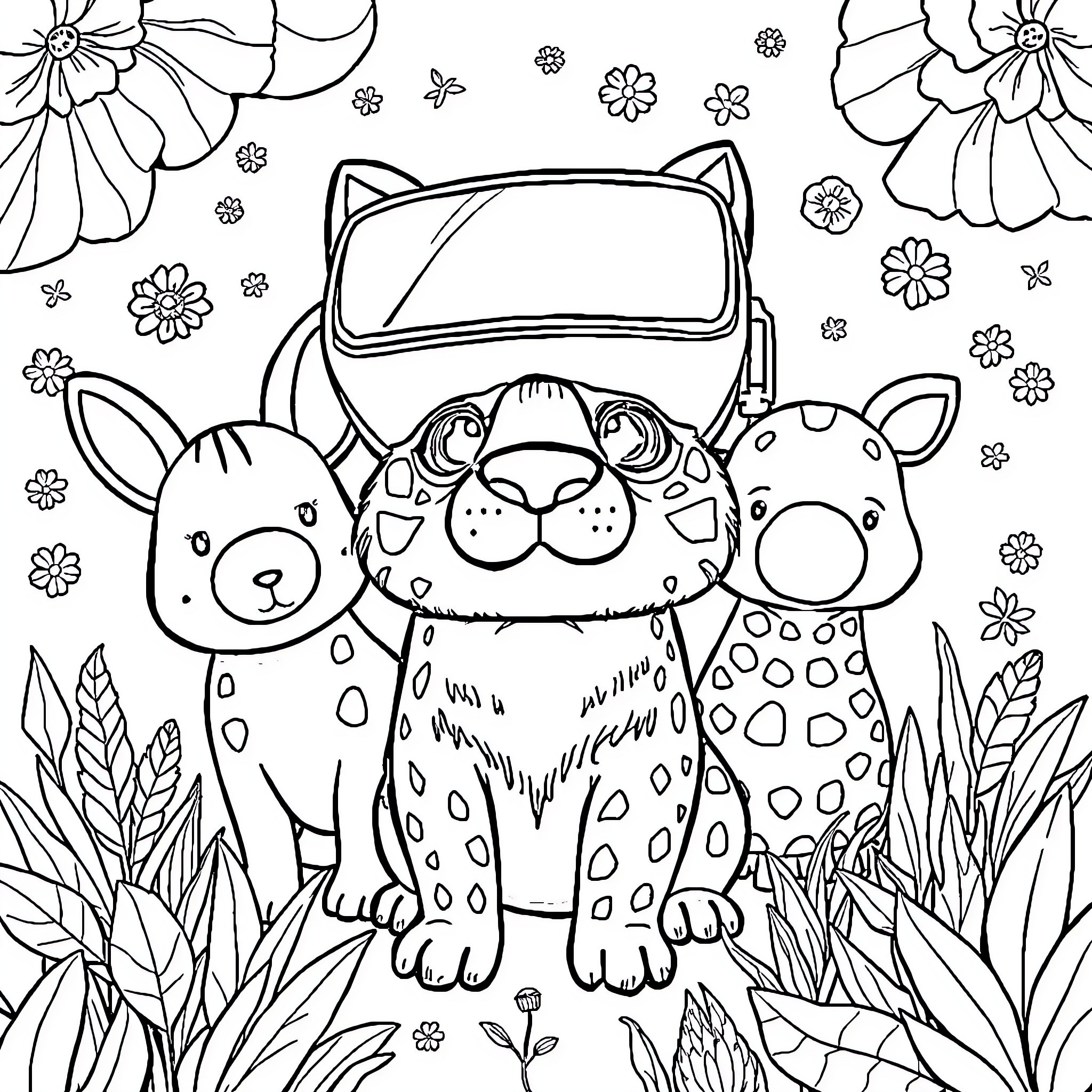 Animal friends gathering in a garden Coloring Page (free black-and-white line drawing printable PDF for all, from beginners to advanced learners, including children, teens, adults, and seniors)