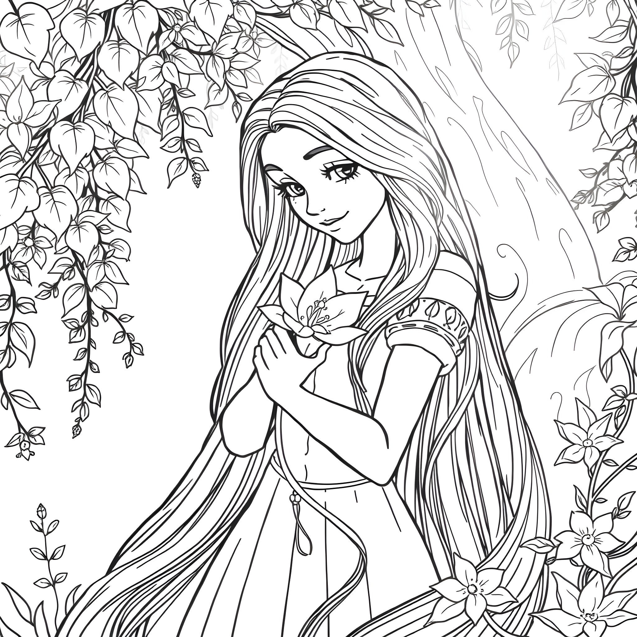 Rapunzel in a beautiful floral garden Coloring Page (free black-and-white line drawing printable PDF for all, from beginners to advanced learners, including children, teens, adults, and seniors)