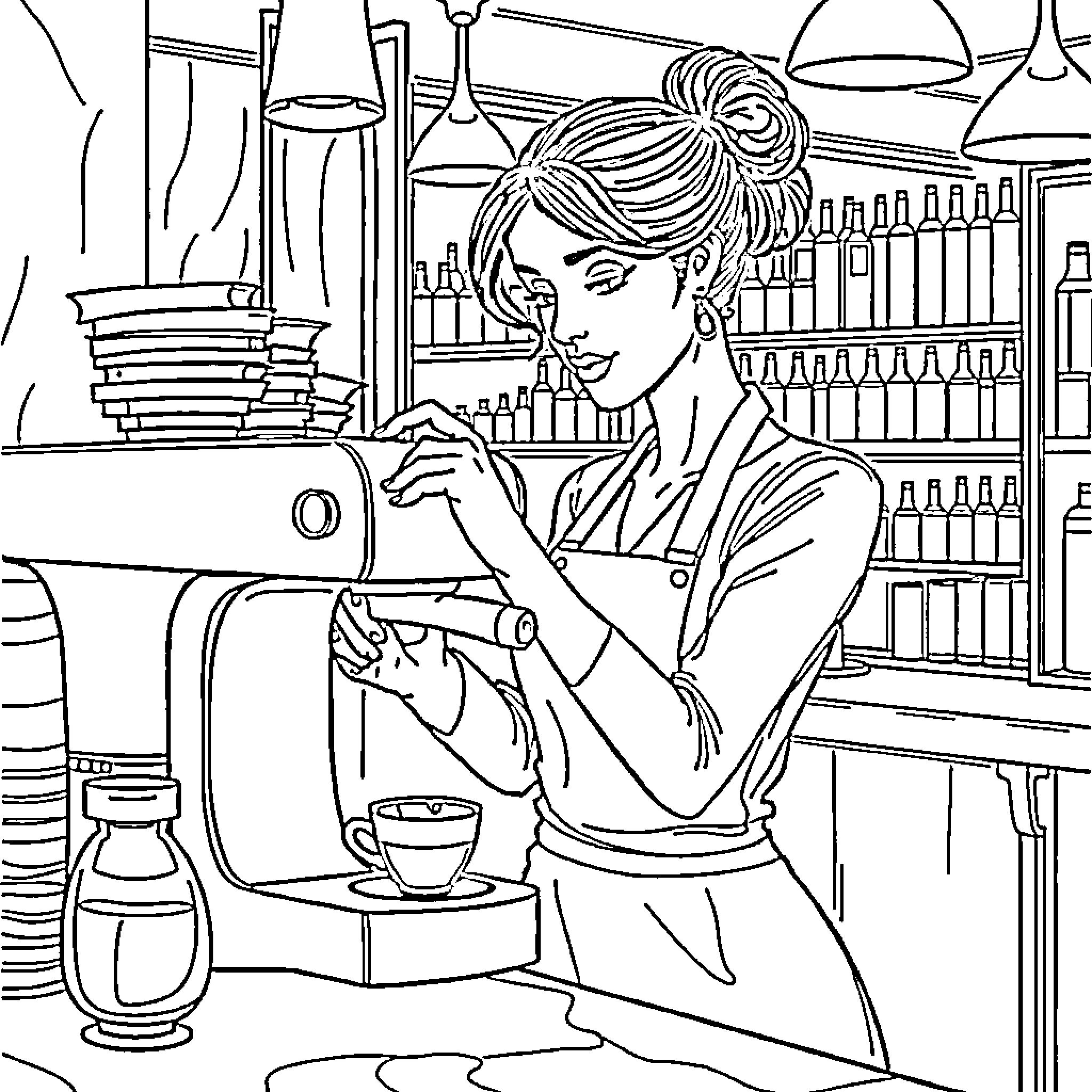 Barista working diligently in coffee shop Coloring Page (free black-and-white line drawing printable PDF for all, from beginners to advanced learners, including children, teens, adults, and seniors)