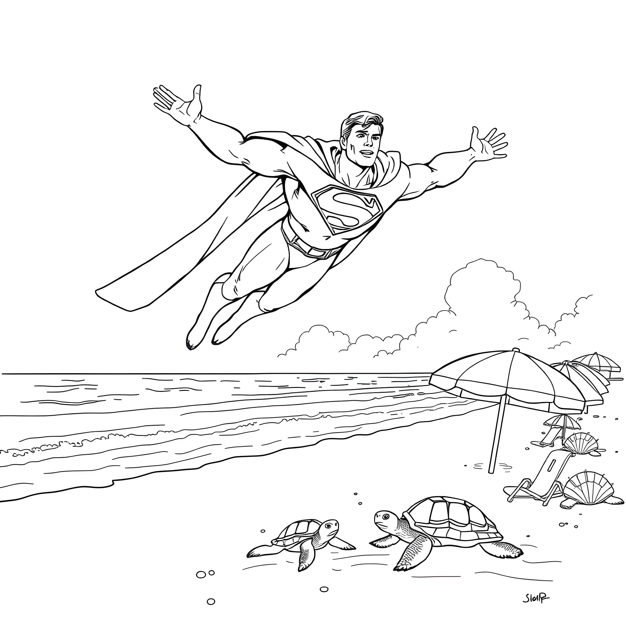 Superman soaring high over the beach Coloring Page (free black-and-white line drawing printable PDF for all, from beginners to advanced learners, including children, teens, adults, and seniors)