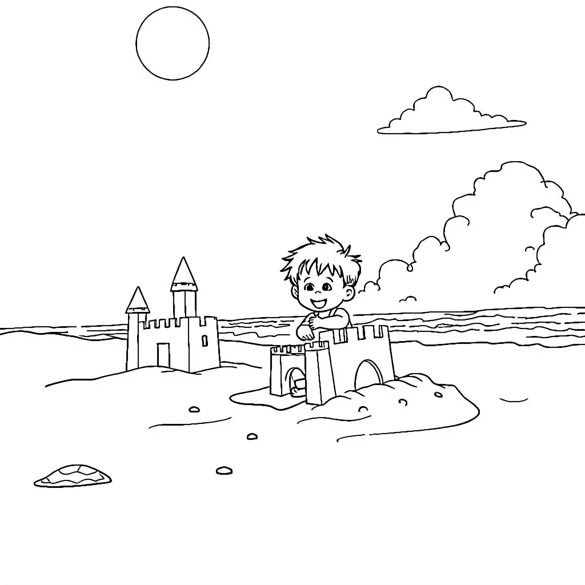 Child playing with sand castle on beach Coloring Page (free black-and-white line drawing printable PDF for all, from beginners to advanced learners, including children, teens, adults, and seniors)