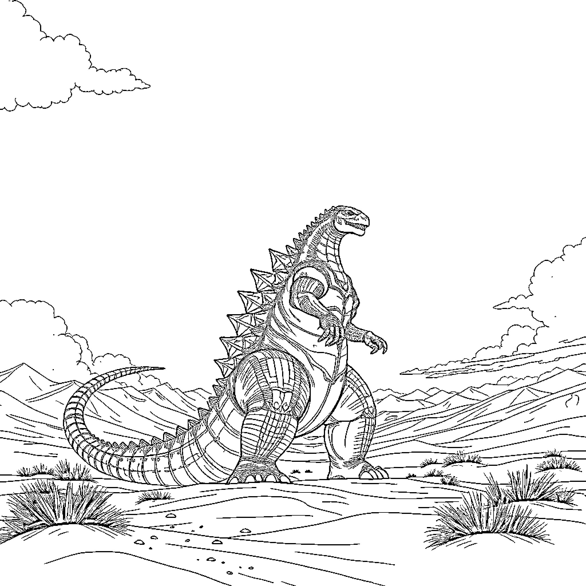 Godzilla roaring fiercely in a desert landscape Coloring Page (free black-and-white line drawing printable PDF for all, from beginners to advanced learners, including children, teens, adults, and seniors)