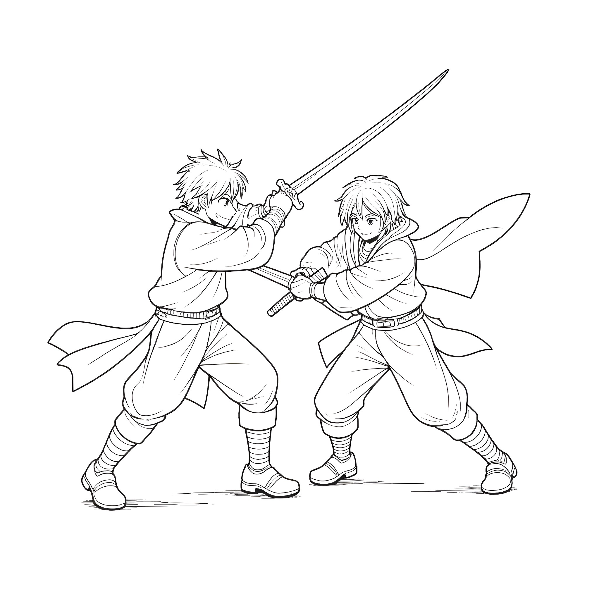 Swordsmen engaged in a fierce battle Coloring Page (free black-and-white line drawing printable PDF for all, from beginners to advanced learners, including children, teens, adults, and seniors)