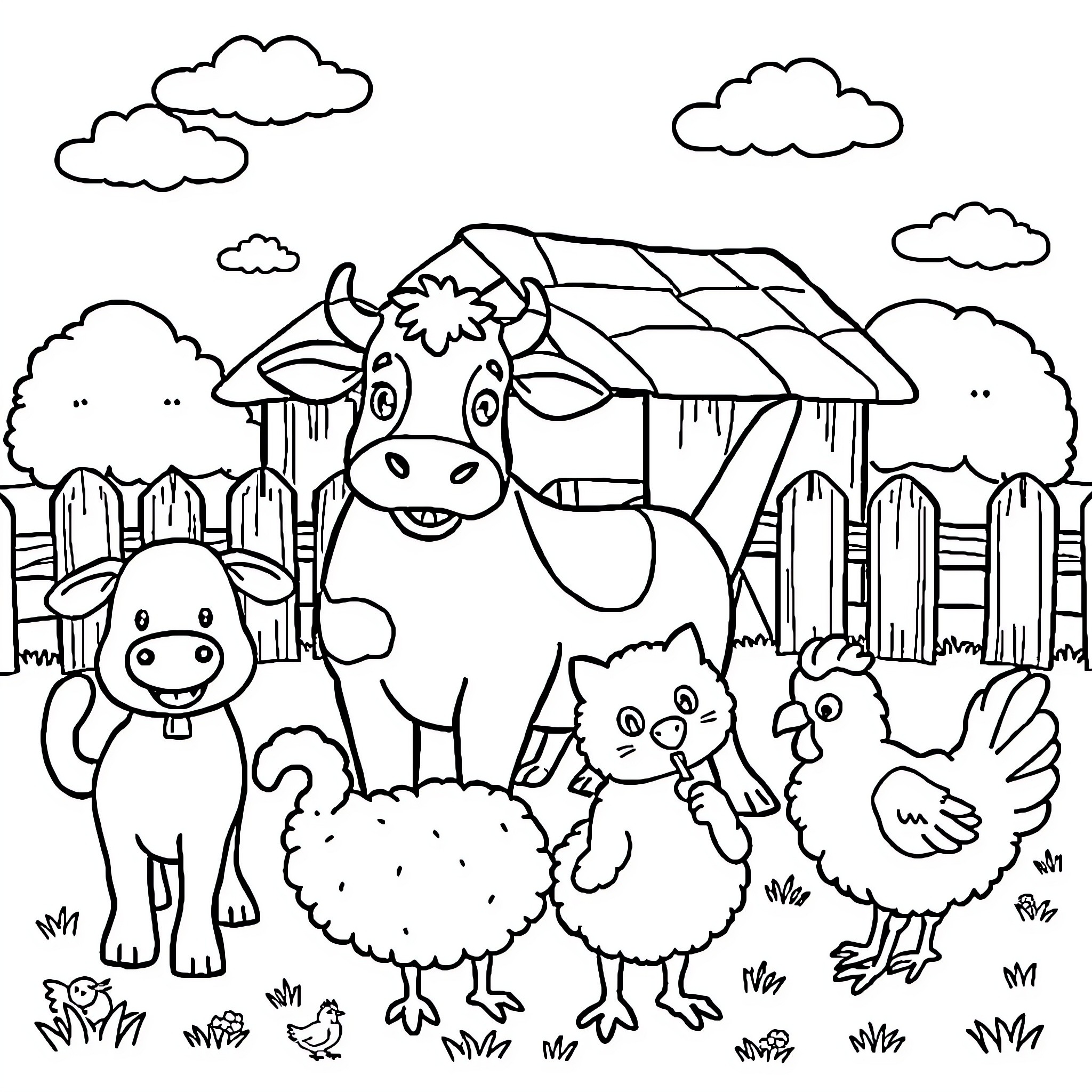 Farm animals playing happily in the countryside Coloring Page (free black-and-white line drawing printable PDF for all, from beginners to advanced learners, including children, teens, adults, and seniors)