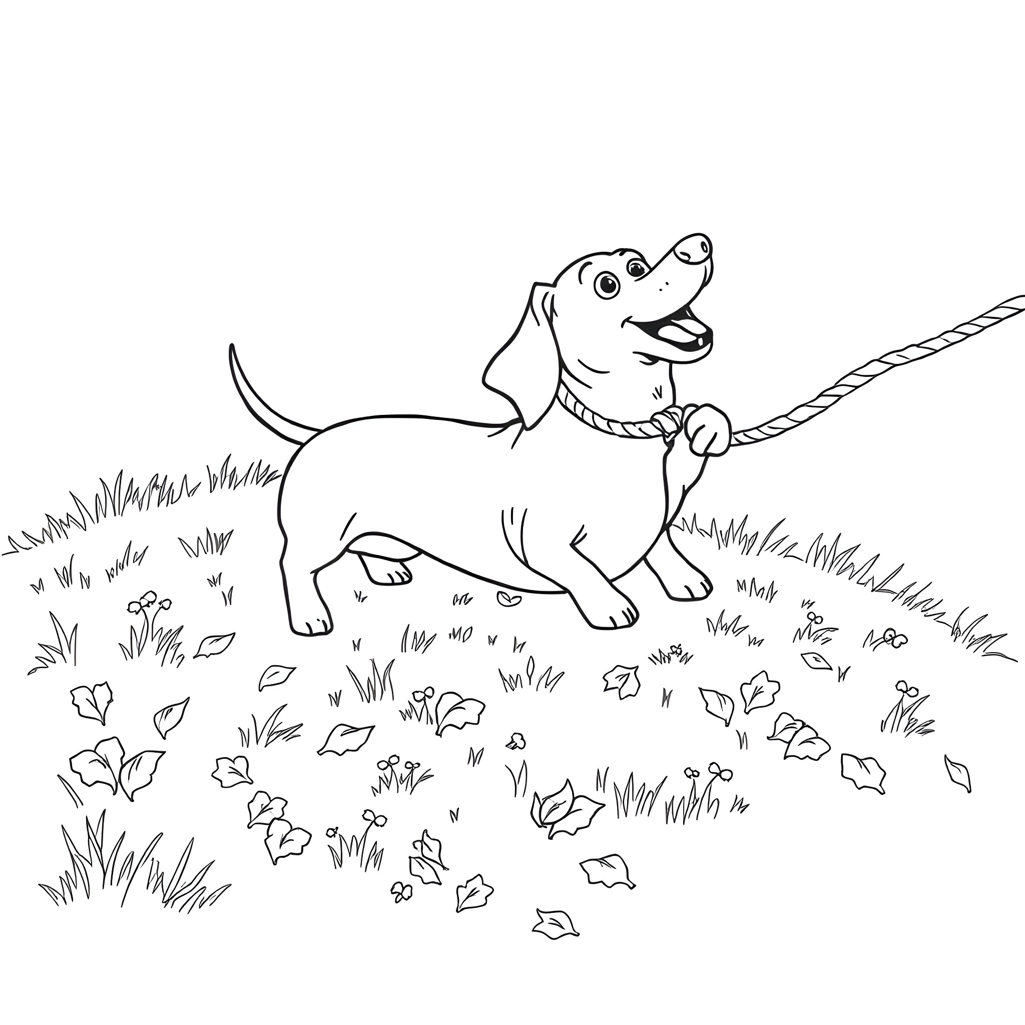 Dachshund playing joyfully in the grass Coloring Page (free black-and-white line drawing printable PDF for all, from beginners to advanced learners, including children, teens, adults, and seniors)