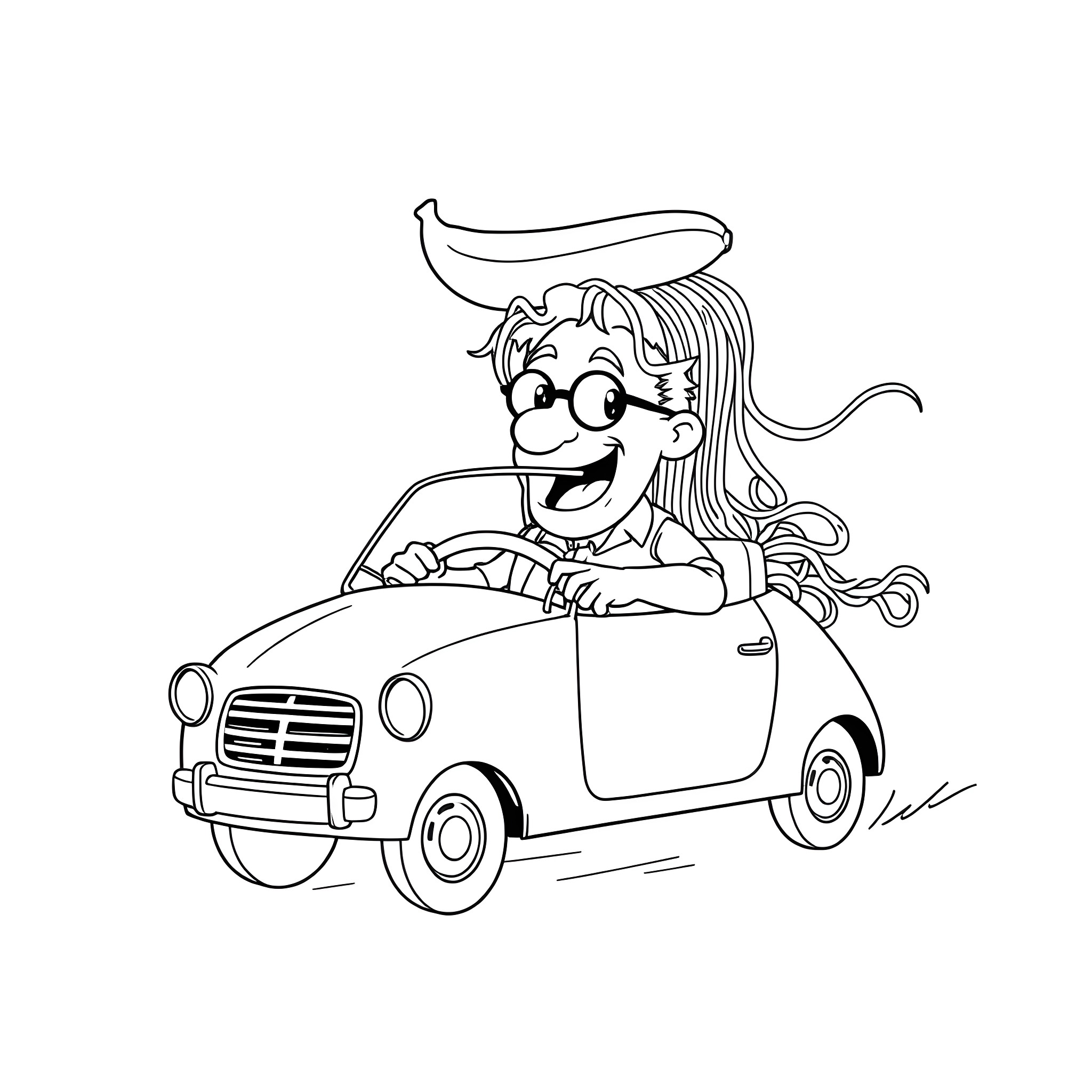 Man driving a small car happily Coloring Page (free black-and-white line drawing printable PDF for all, from beginners to advanced learners, including children, teens, adults, and seniors)