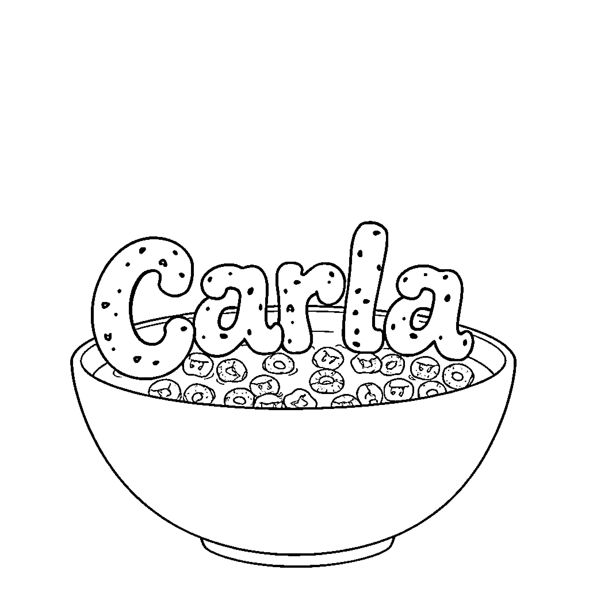 Carla enjoying a bowl of cereal Coloring Page (free black-and-white line drawing printable PDF for all, from beginners to advanced learners, including children, teens, adults, and seniors)