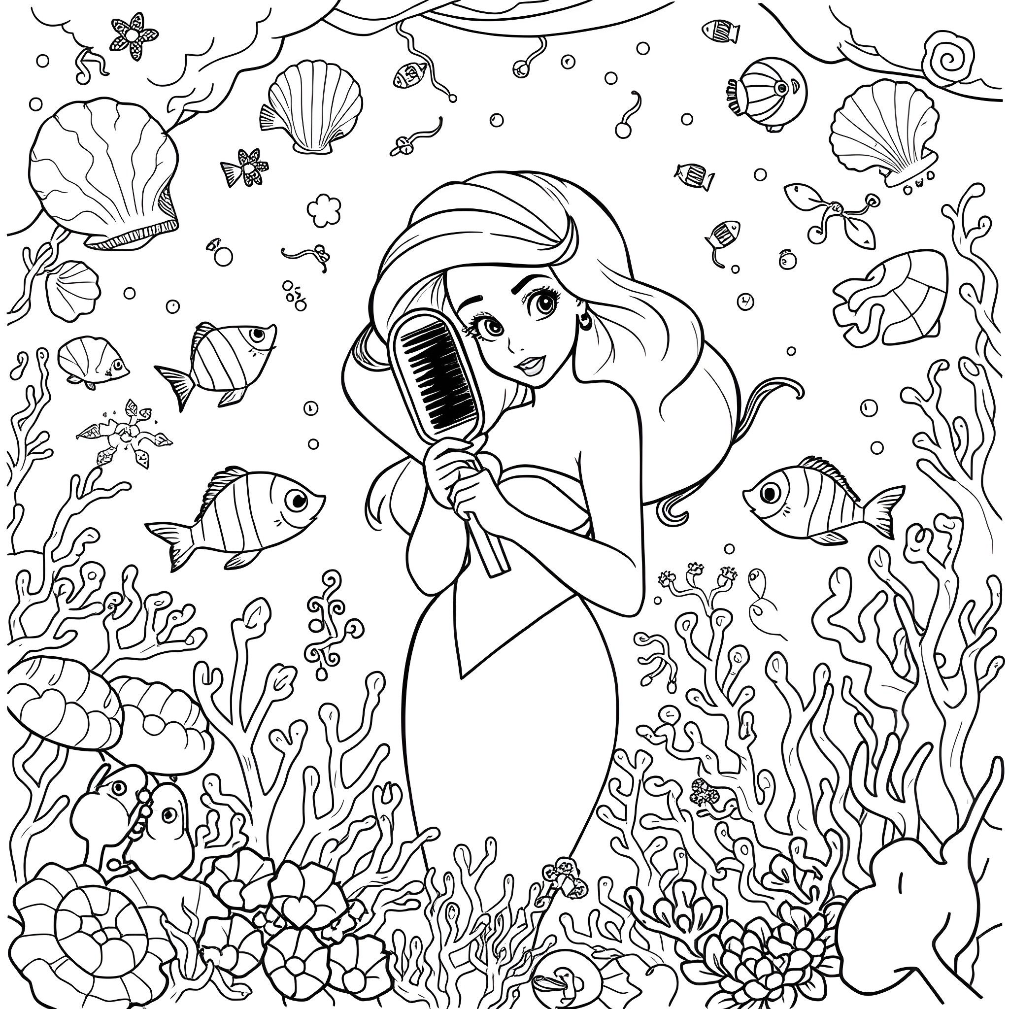 Little Mermaid singing under the sea with marine creatures Coloring Page (free black-and-white line drawing printable PDF for all, from beginners to advanced learners, including children, teens, adults, and seniors)