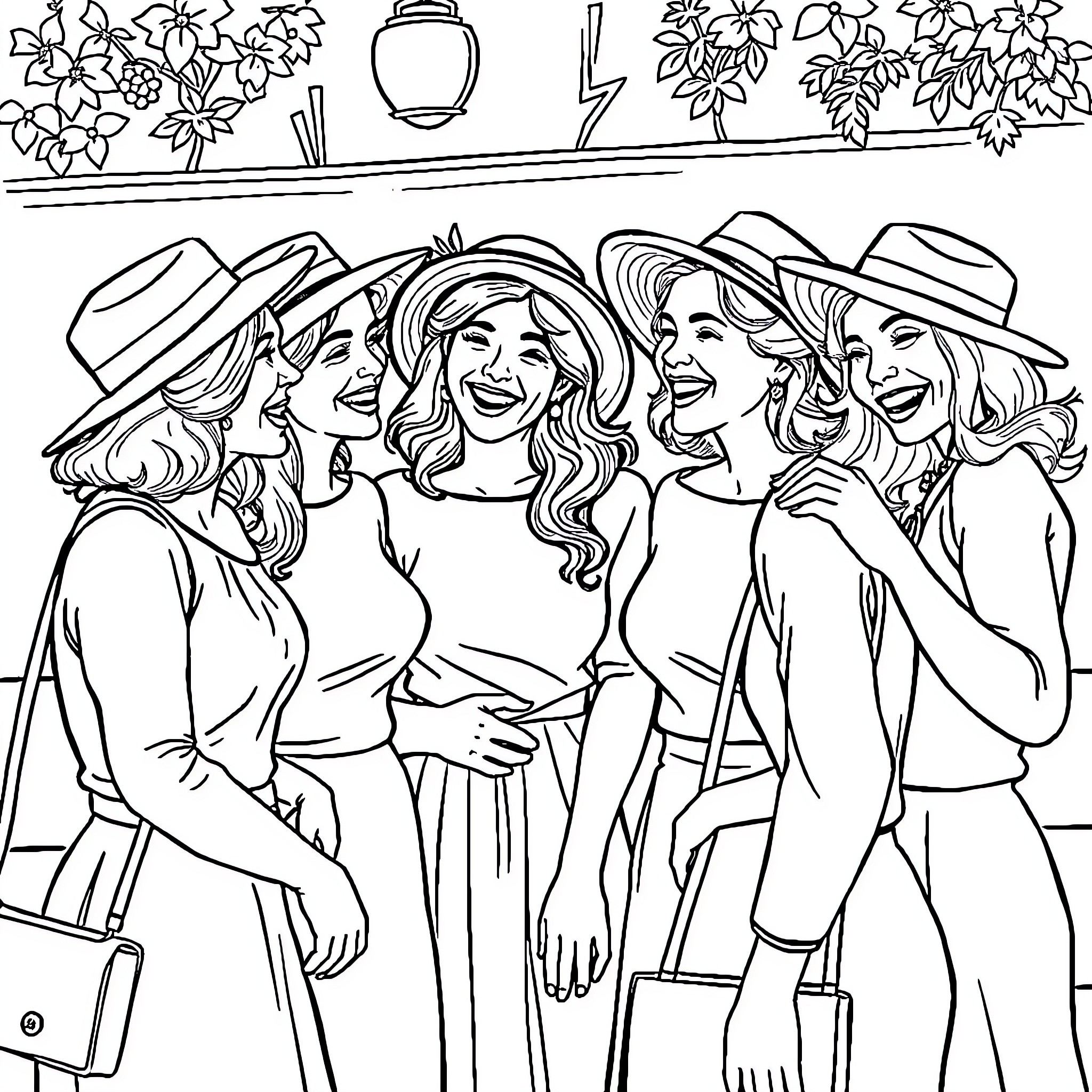 Lady friends sharing a joyful moment together Coloring Page (free black-and-white line drawing printable PDF for all, from beginners to advanced learners, including children, teens, adults, and seniors)