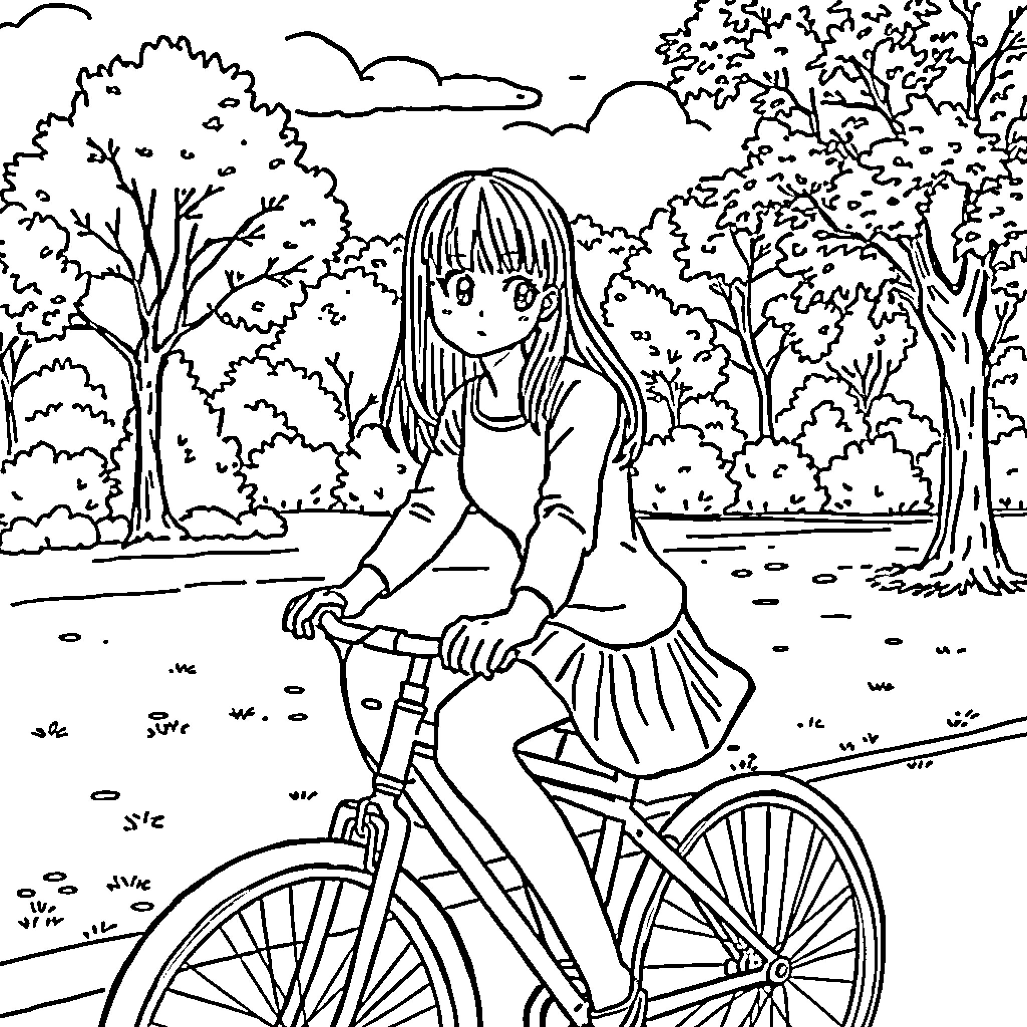 Girl riding bicycle through serene forest landscape Coloring Page (free black-and-white line drawing printable PDF for all, from beginners to advanced learners, including children, teens, adults, and seniors)