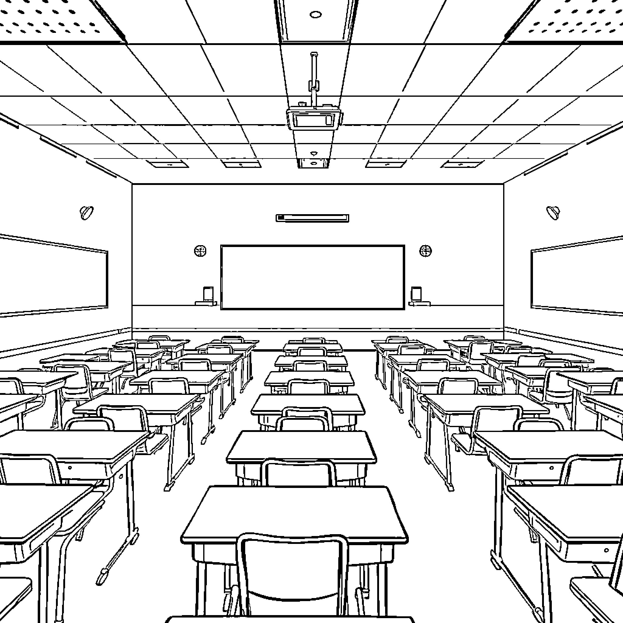 Classroom with Rows of Desks and Projection Screen Coloring Page (free black-and-white line drawing printable PDF for all, from beginners to advanced learners, including children, teens, adults, and seniors)