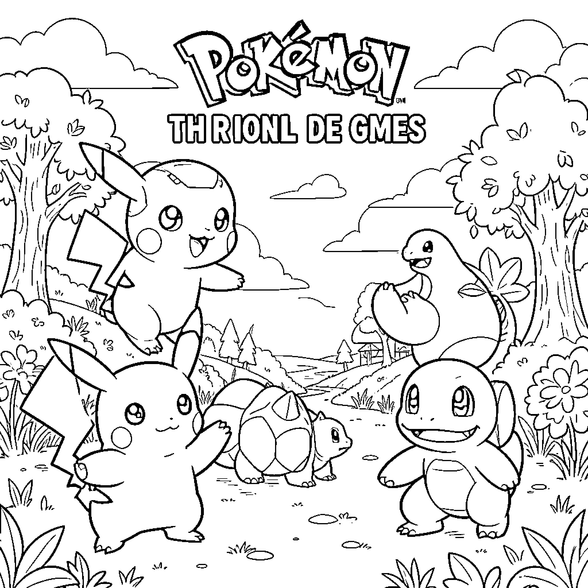 Pokémon characters playing together in a joyful nature scene Coloring Page (free black-and-white line drawing printable PDF for all, from beginners to advanced learners, including children, teens, adults, and seniors)