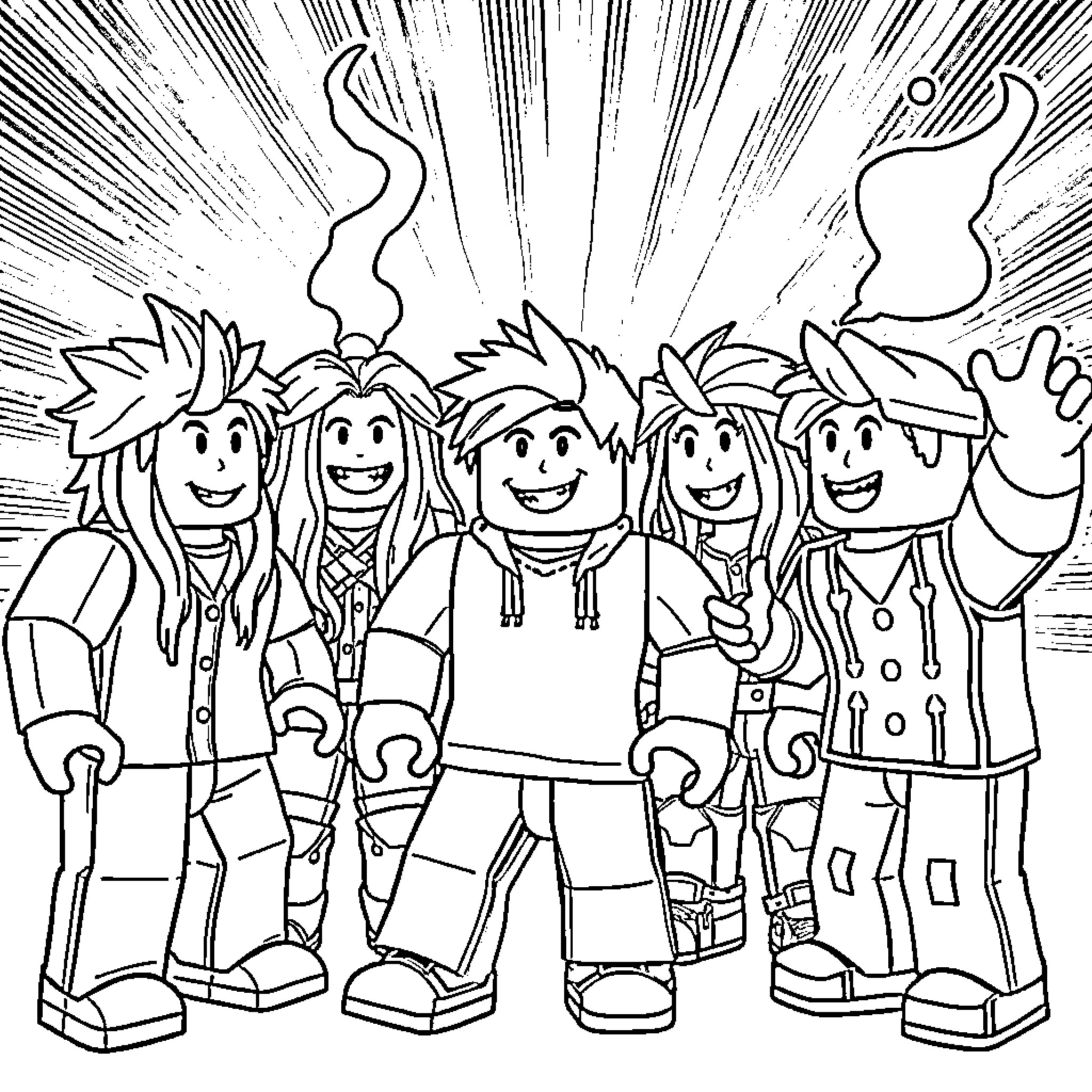Brainrot: Animated group of friends celebrating joyfully Coloring Page (free black-and-white line drawing printable PDF for all, from beginners to advanced learners, including children, teens, adults, and seniors)