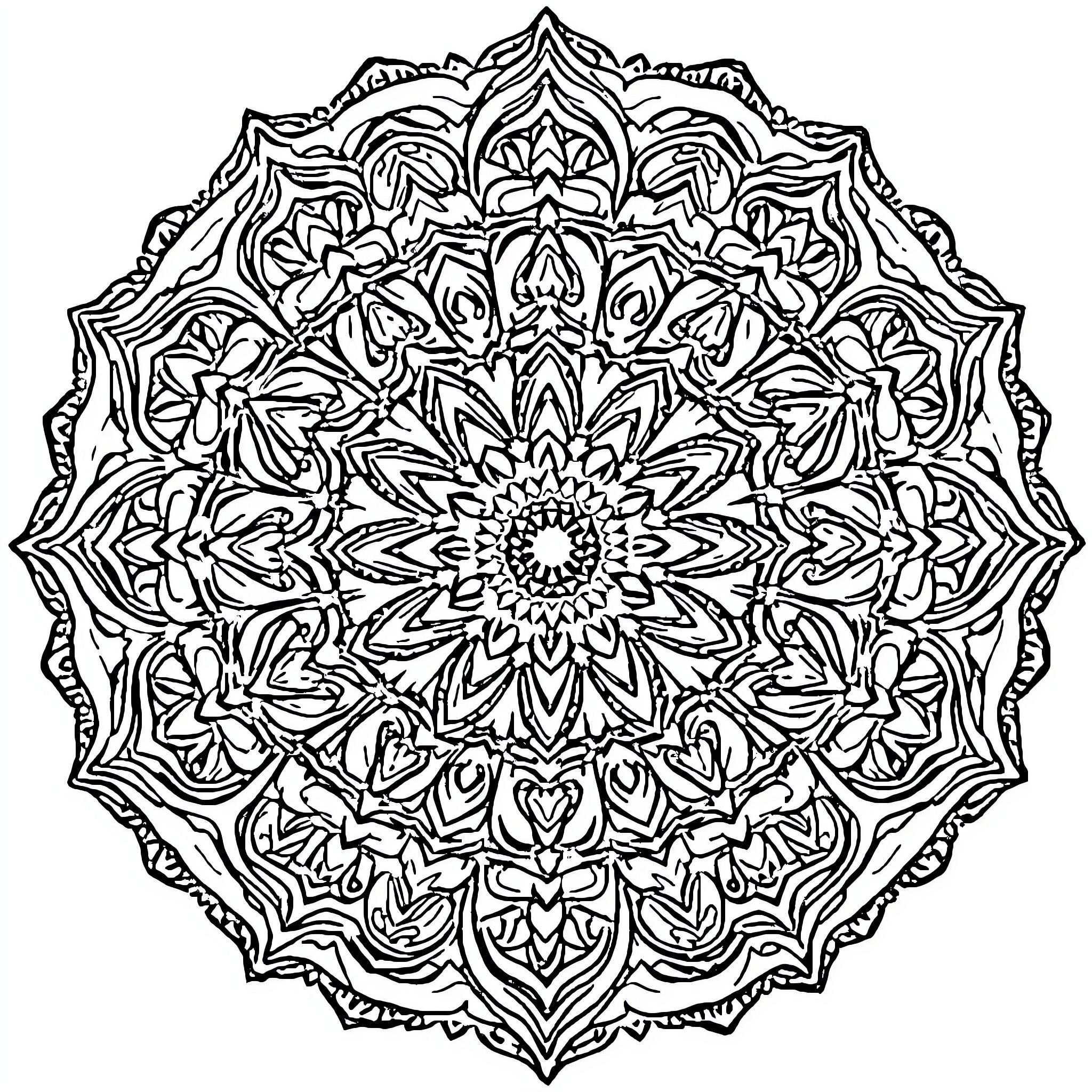 Mandala of intricate floral patterns Coloring Page (free black-and-white line drawing printable PDF for all, from beginners to advanced learners, including children, teens, adults, and seniors)