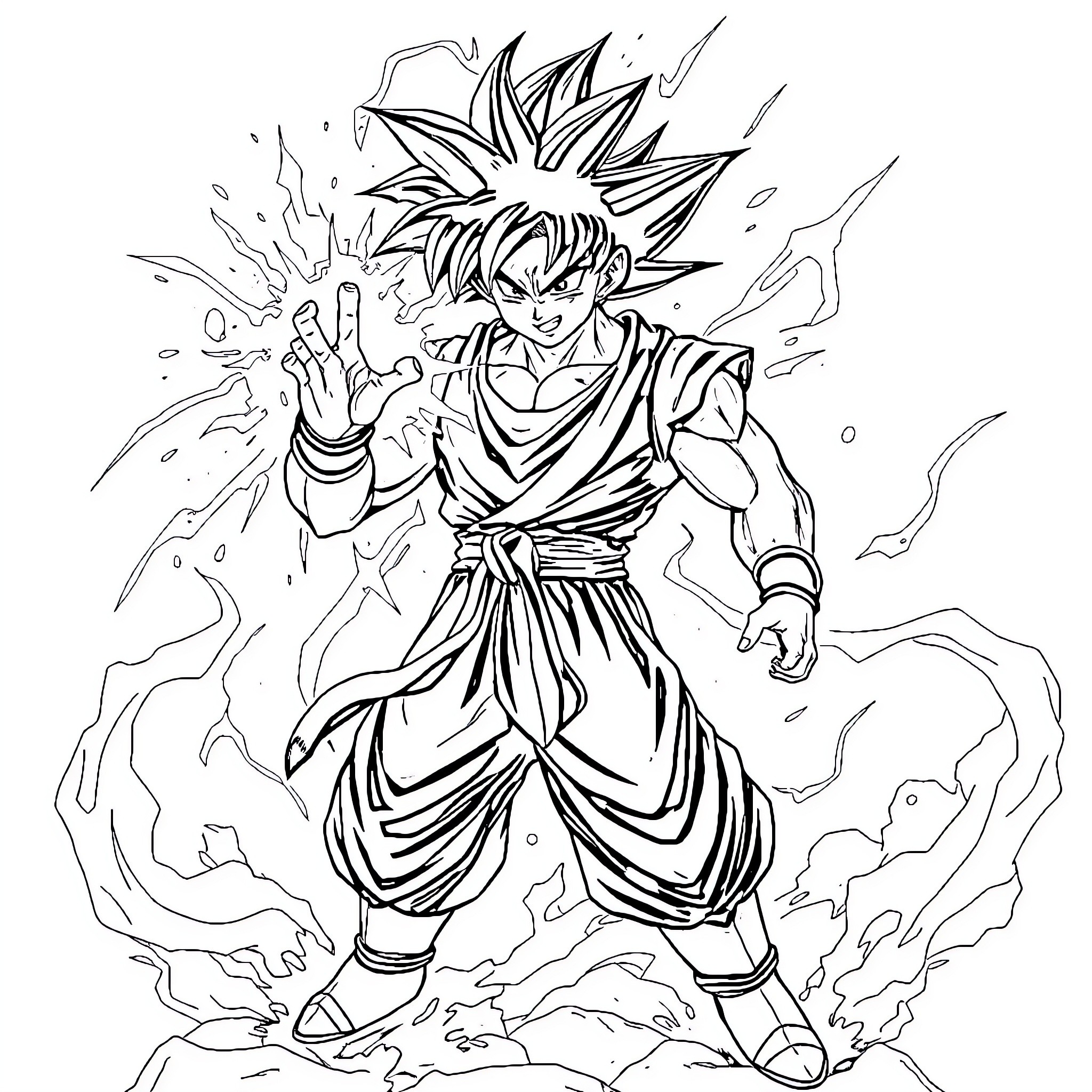 Sangoku's Heroic Transformation in Battle Coloring Page (free black-and-white line drawing printable PDF for all, from beginners to advanced learners, including children, teens, adults, and seniors)