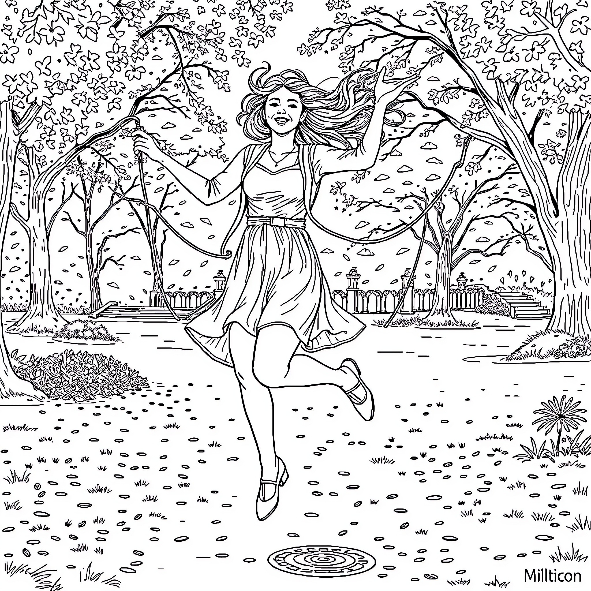 Woman dancing joyfully in a serene outdoor setting Coloring Page (free black-and-white line drawing printable PDF for all, from beginners to advanced learners, including children, teens, adults, and seniors)