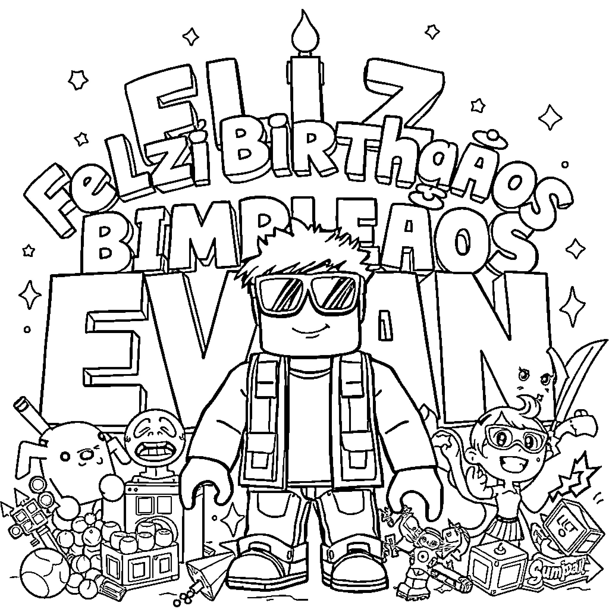 Lettering illustration of a birthday bimbo's fun Coloring Page (free black-and-white line drawing printable PDF for all, from beginners to advanced learners, including children, teens, adults, and seniors)