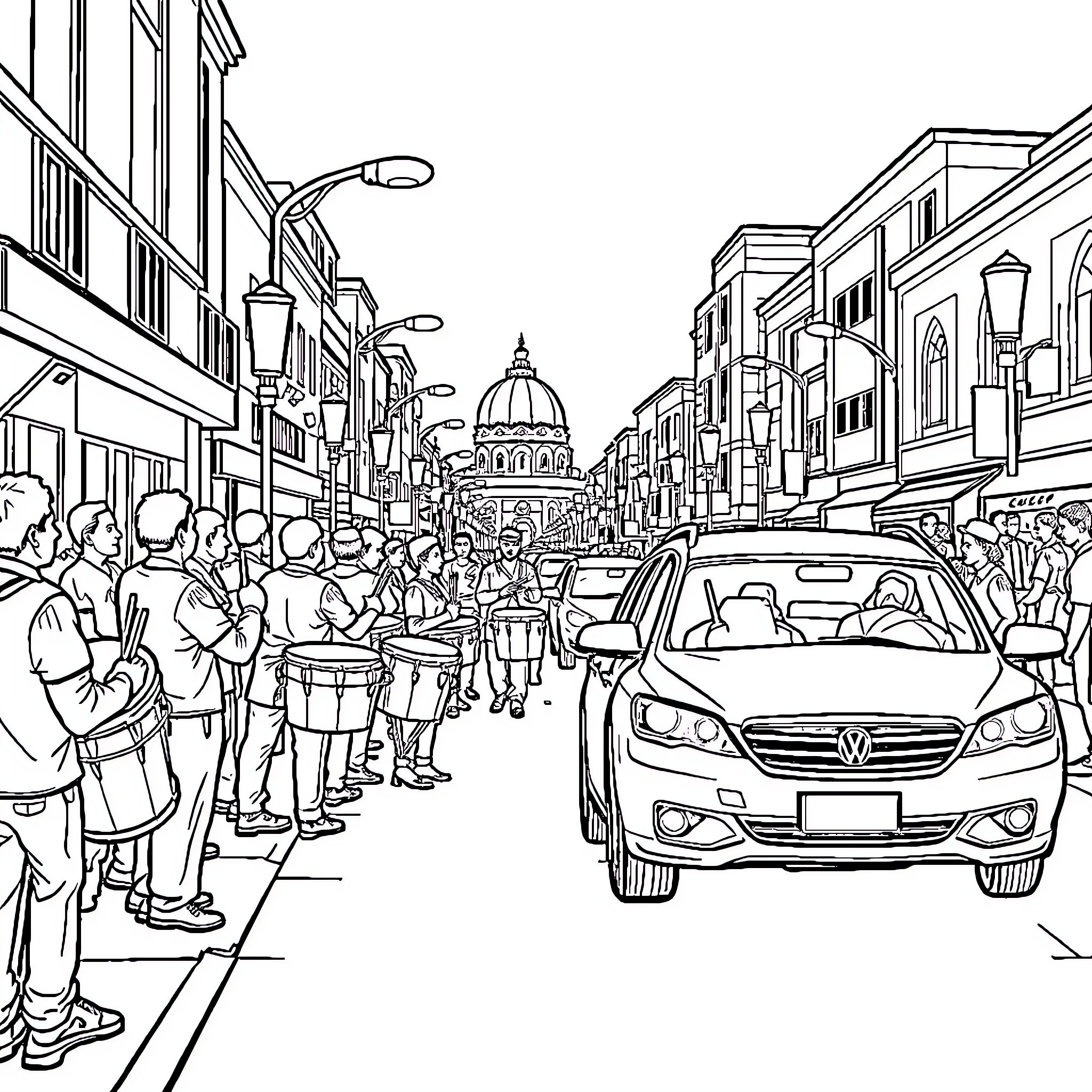 Tung's Bustling City Street Scene Coloring Page (free black-and-white line drawing printable PDF for all, from beginners to advanced learners, including children, teens, adults, and seniors)