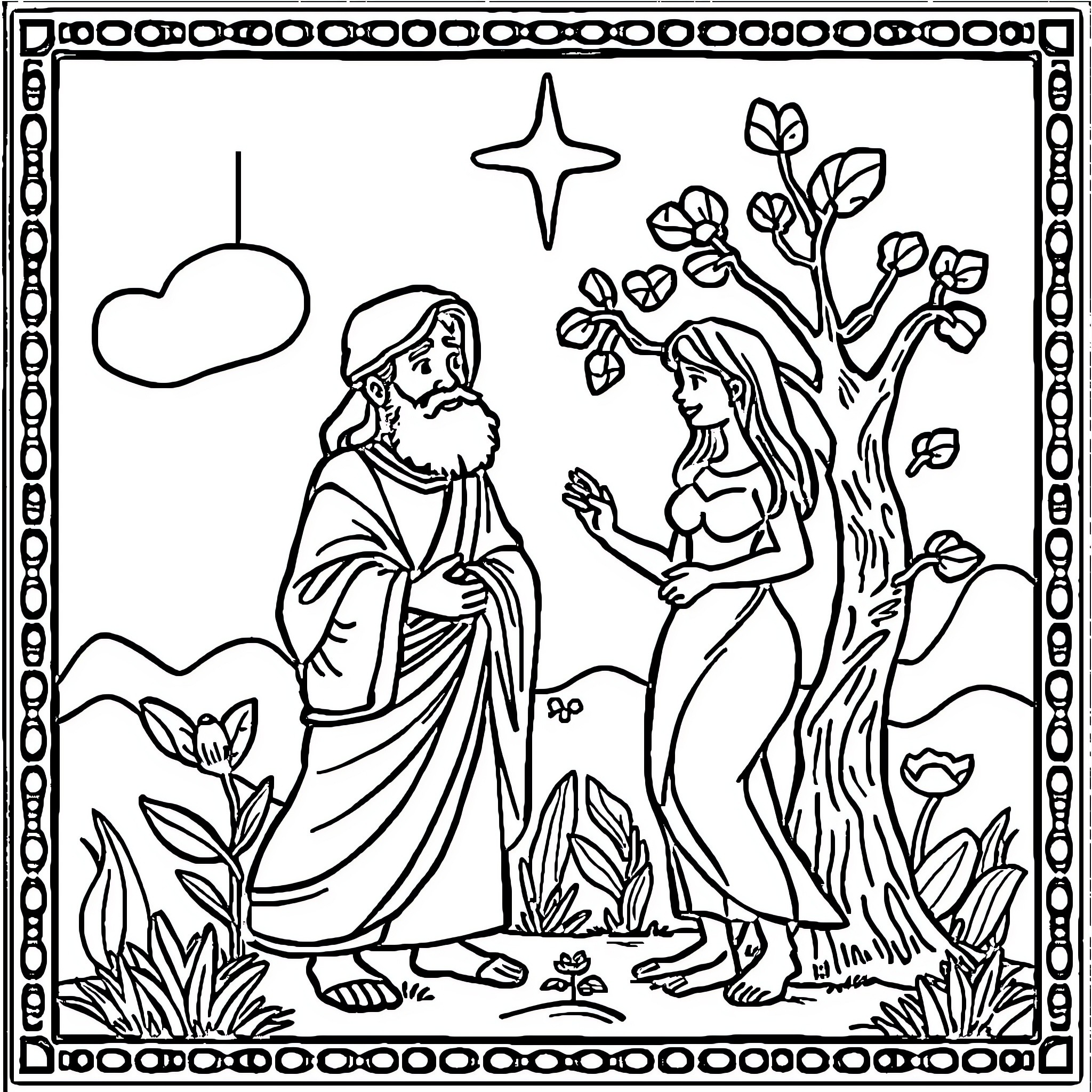 Adam and Eve Meeting in the Garden of Eden Coloring Page (free black-and-white line drawing printable PDF for all, from beginners to advanced learners, including children, teens, adults, and seniors)