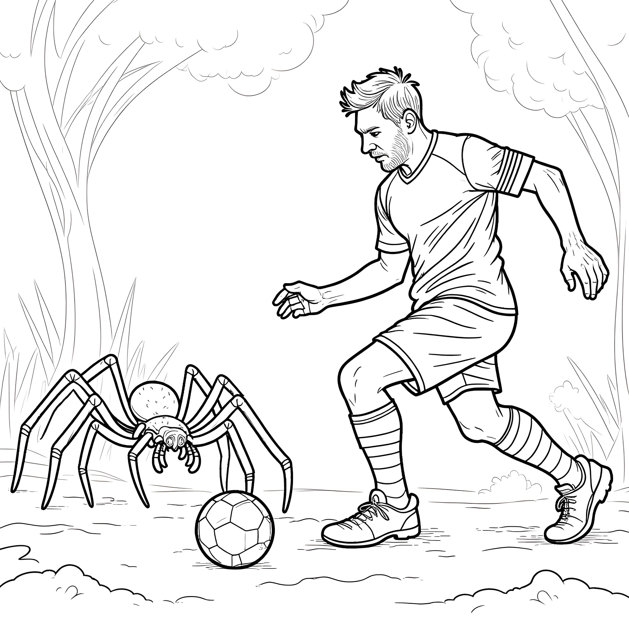 Lionel Messi facing a giant spider on the field Coloring Page (free black-and-white line drawing printable PDF for all, from beginners to advanced learners, including children, teens, adults, and seniors)
