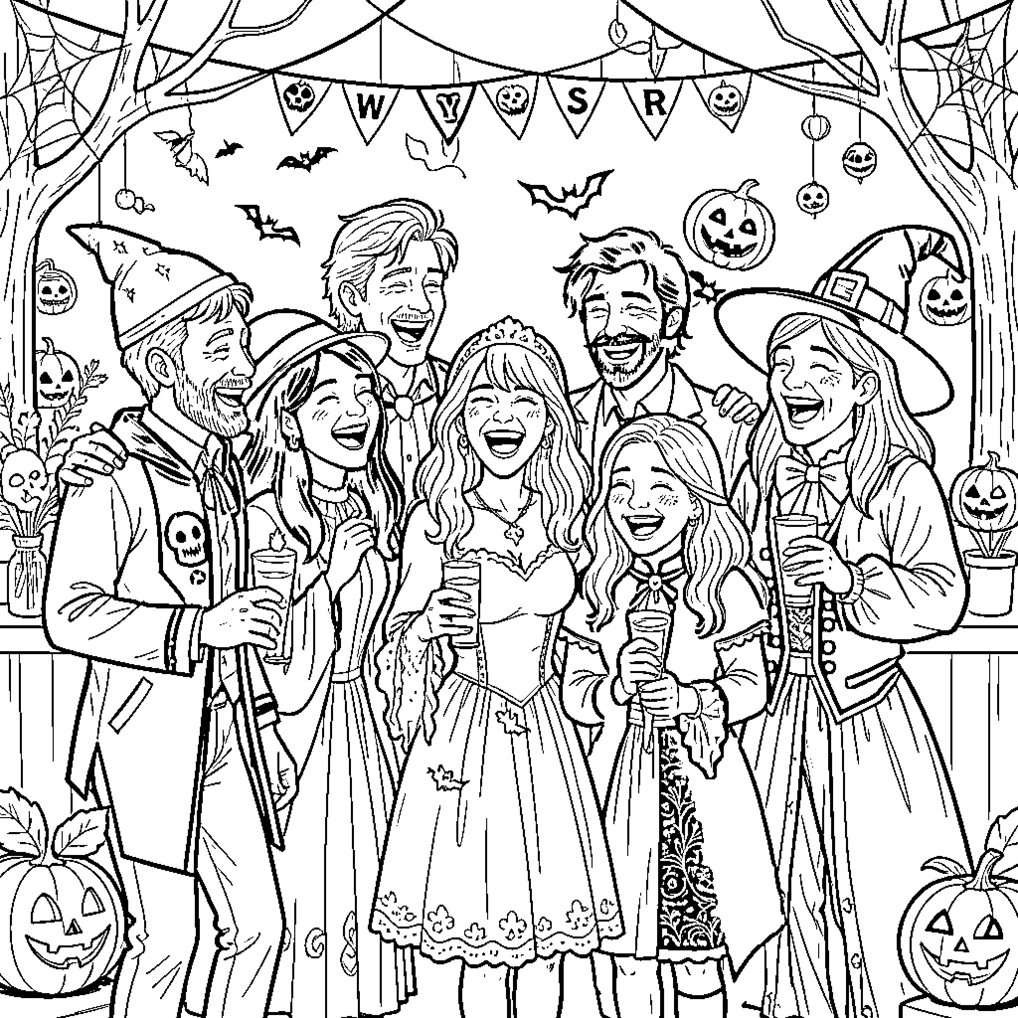 Friends celebrating together in festive Halloween costumes Coloring Page (free black-and-white line drawing printable PDF for all, from beginners to advanced learners, including children, teens, adults, and seniors)