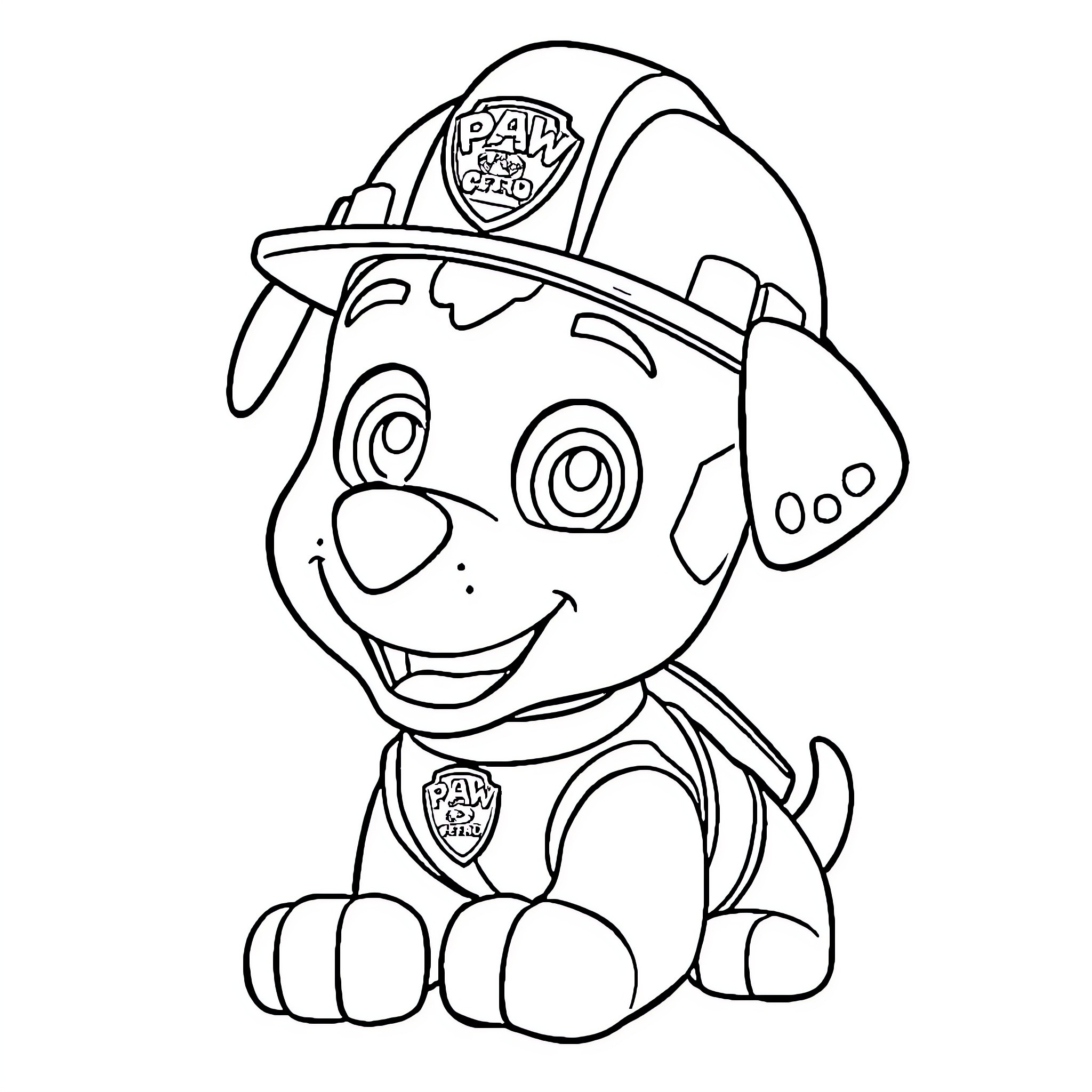 Rubble the Paw Patrol puppy in action Coloring Page (free black-and-white line drawing printable PDF for all, from beginners to advanced learners, including children, teens, adults, and seniors)
