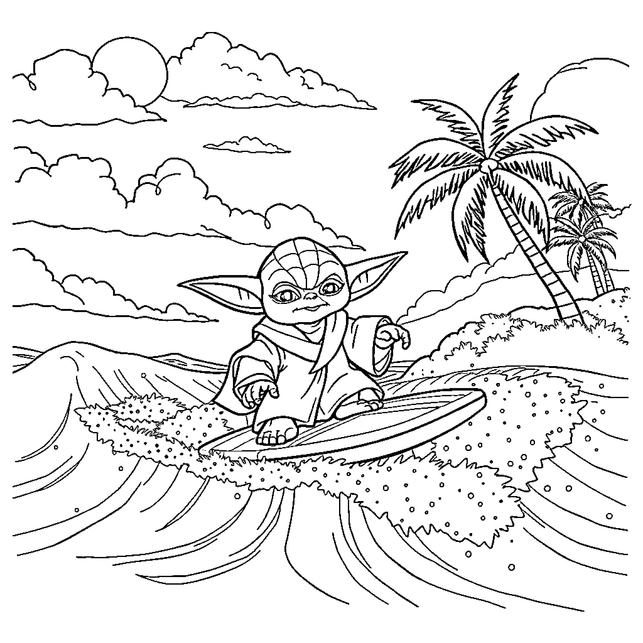 Yoda surfing through tropical waves Coloring Page (free black-and-white line drawing printable PDF for all, from beginners to advanced learners, including children, teens, adults, and seniors)