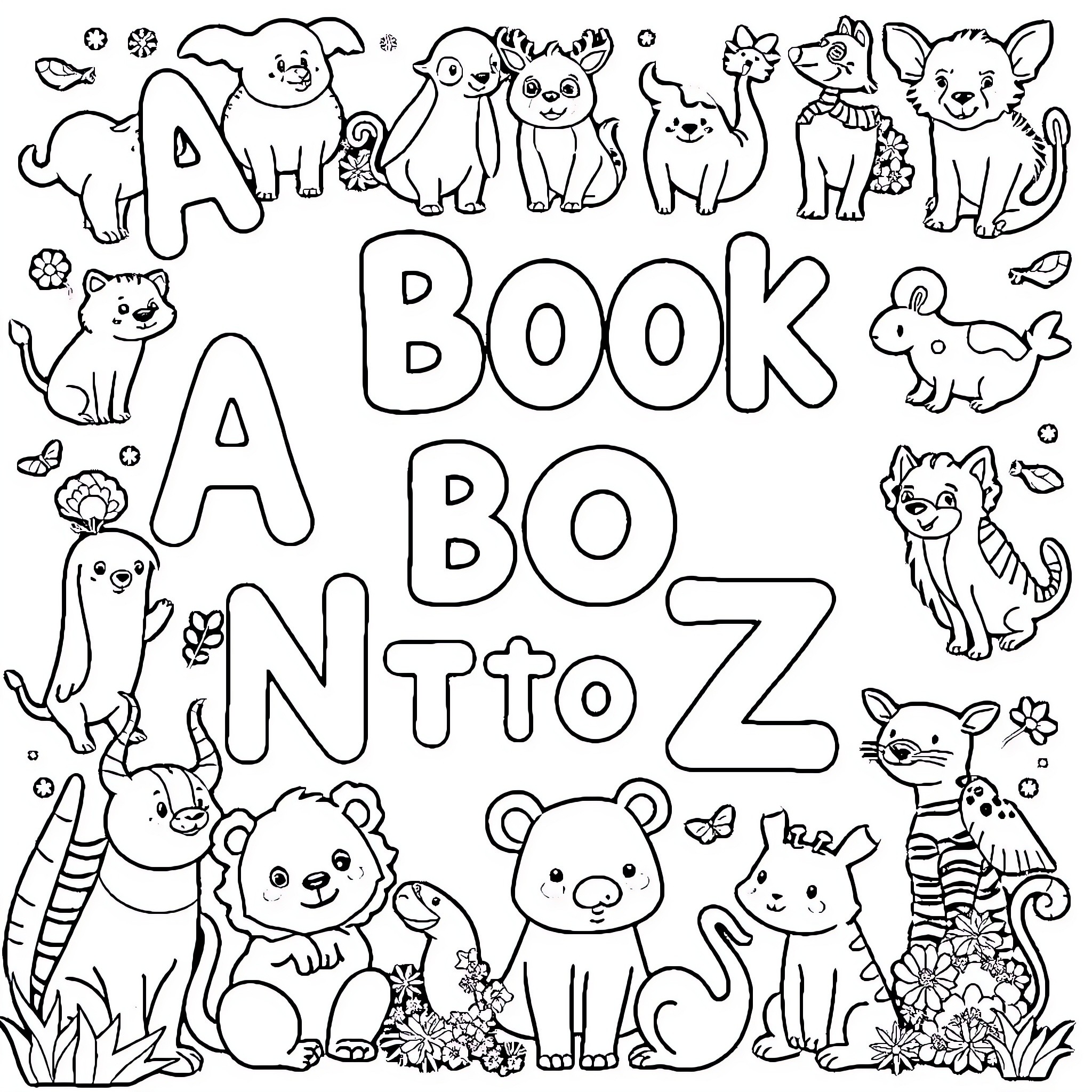 Animal Book Abcto Z Coloring Page (free black-and-white line drawing printable PDF for all, from beginners to advanced learners, including children, teens, adults, and seniors)