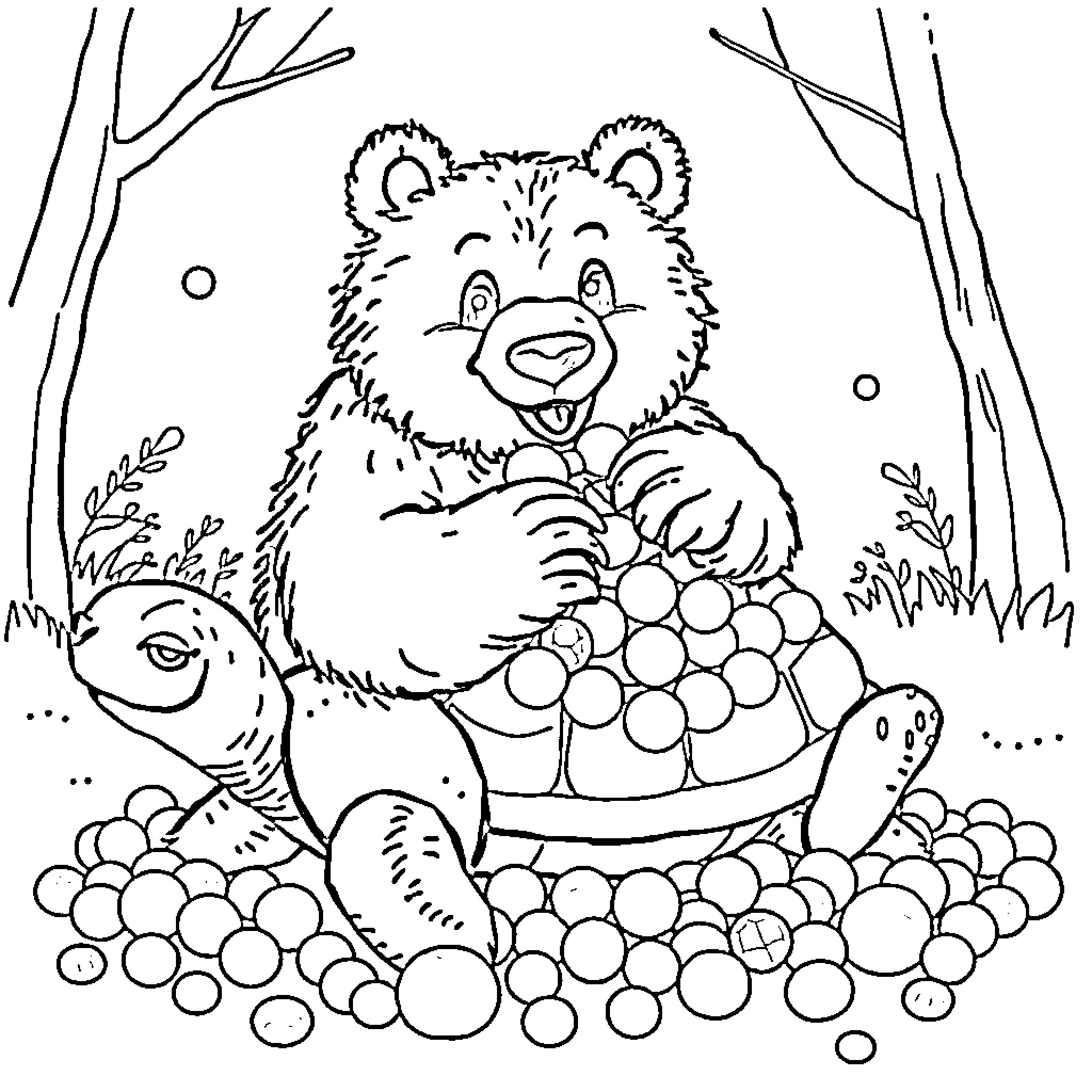 Bear enjoying a basket of berries in the woods Coloring Page (free black-and-white line drawing printable PDF for all, from beginners to advanced learners, including children, teens, adults, and seniors)