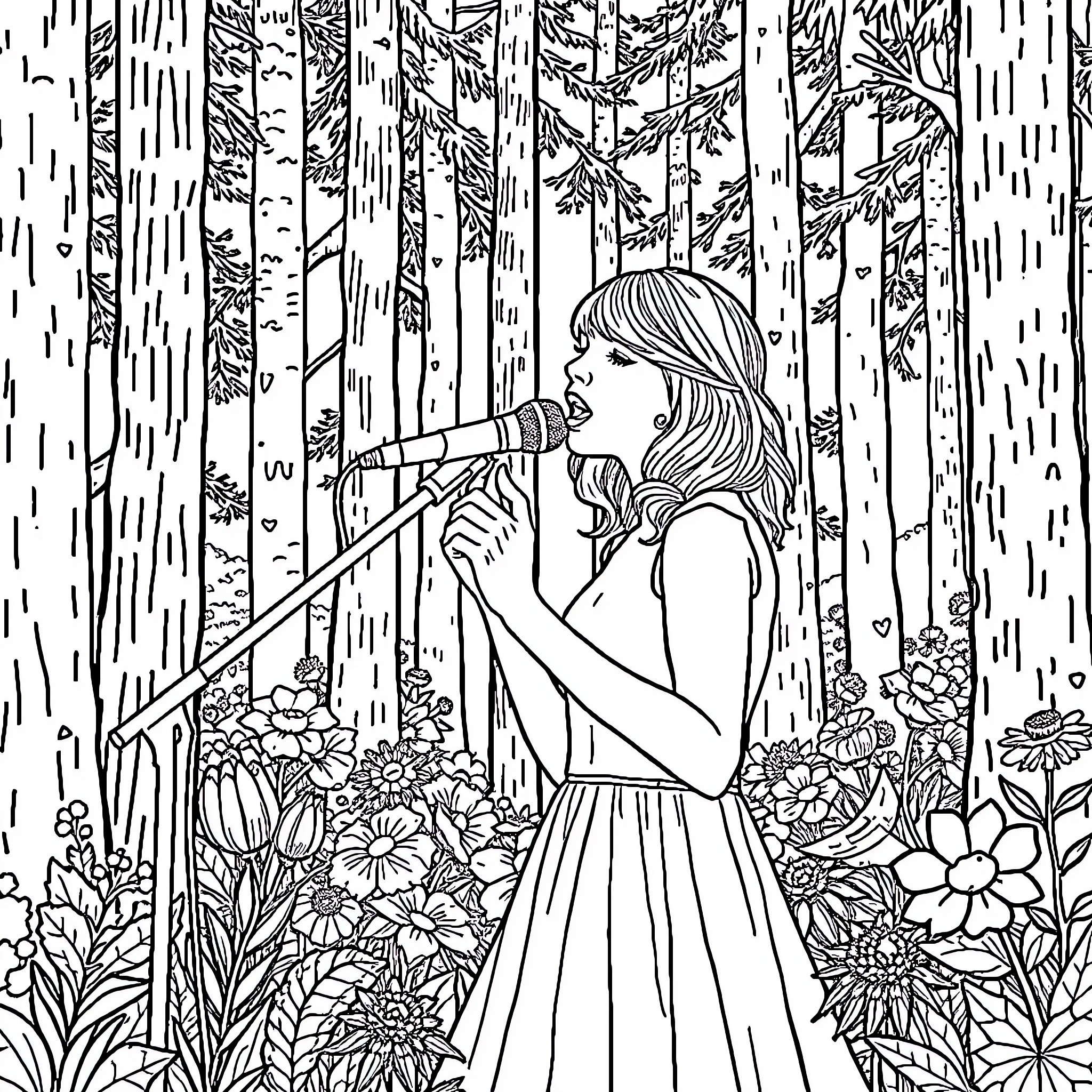 Taylor Swift singing in a floral forest Coloring Page (free black-and-white line drawing printable PDF for all, from beginners to advanced learners, including children, teens, adults, and seniors)