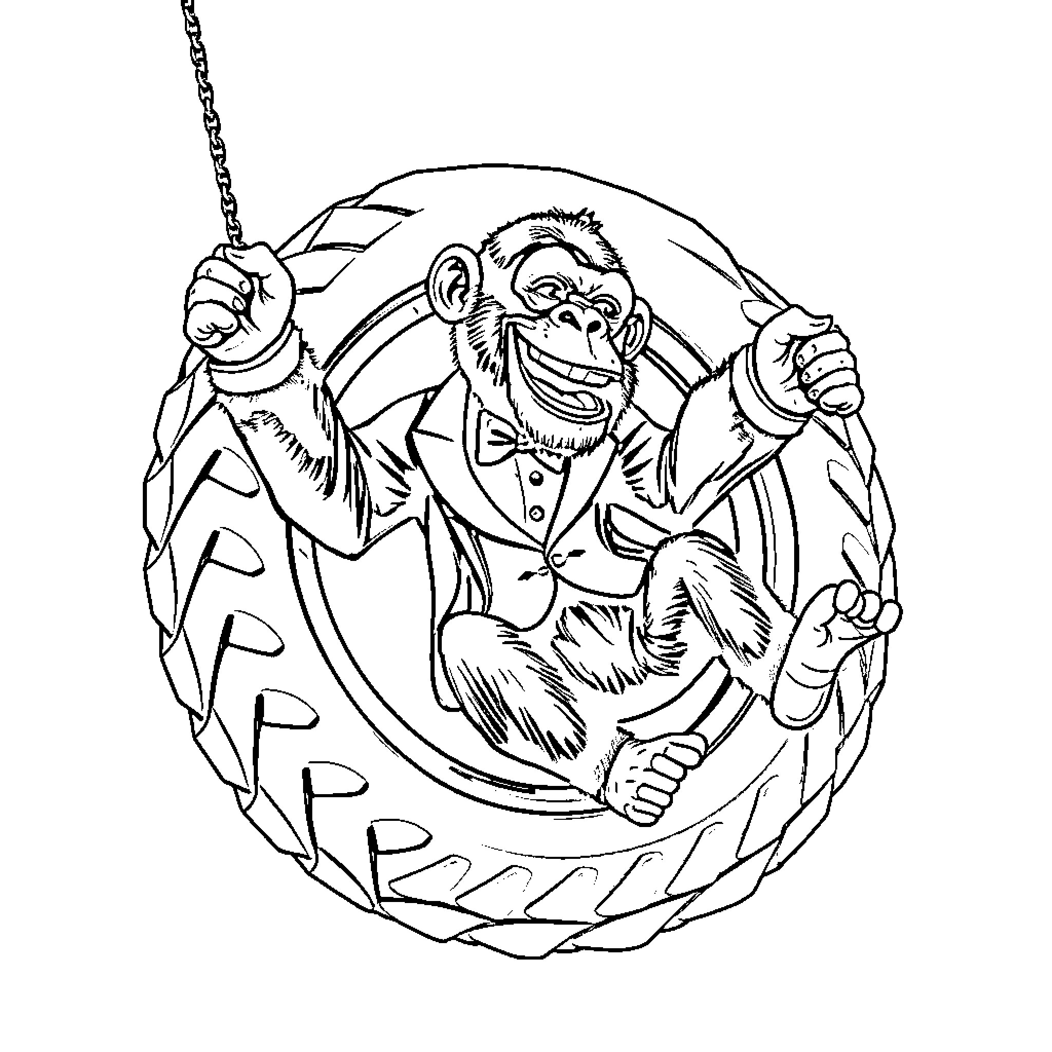 Chimp entertainer in a circus ring Coloring Page (free black-and-white line drawing printable PDF for all, from beginners to advanced learners, including children, teens, adults, and seniors)