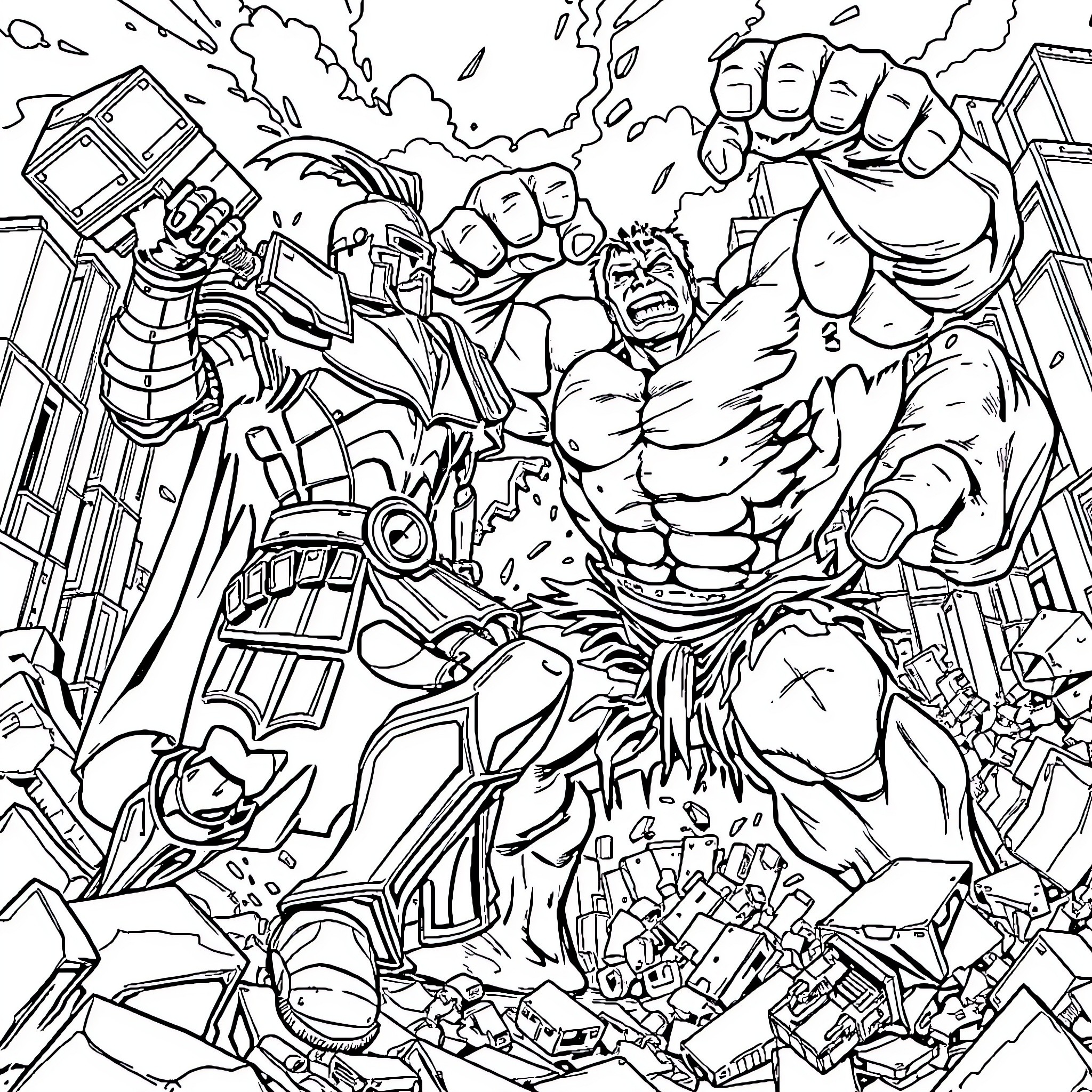 Knight battles fierce foe in epic clash of heroic proportions Coloring Page (free black-and-white line drawing printable PDF for all, from beginners to advanced learners, including children, teens, adults, and seniors)