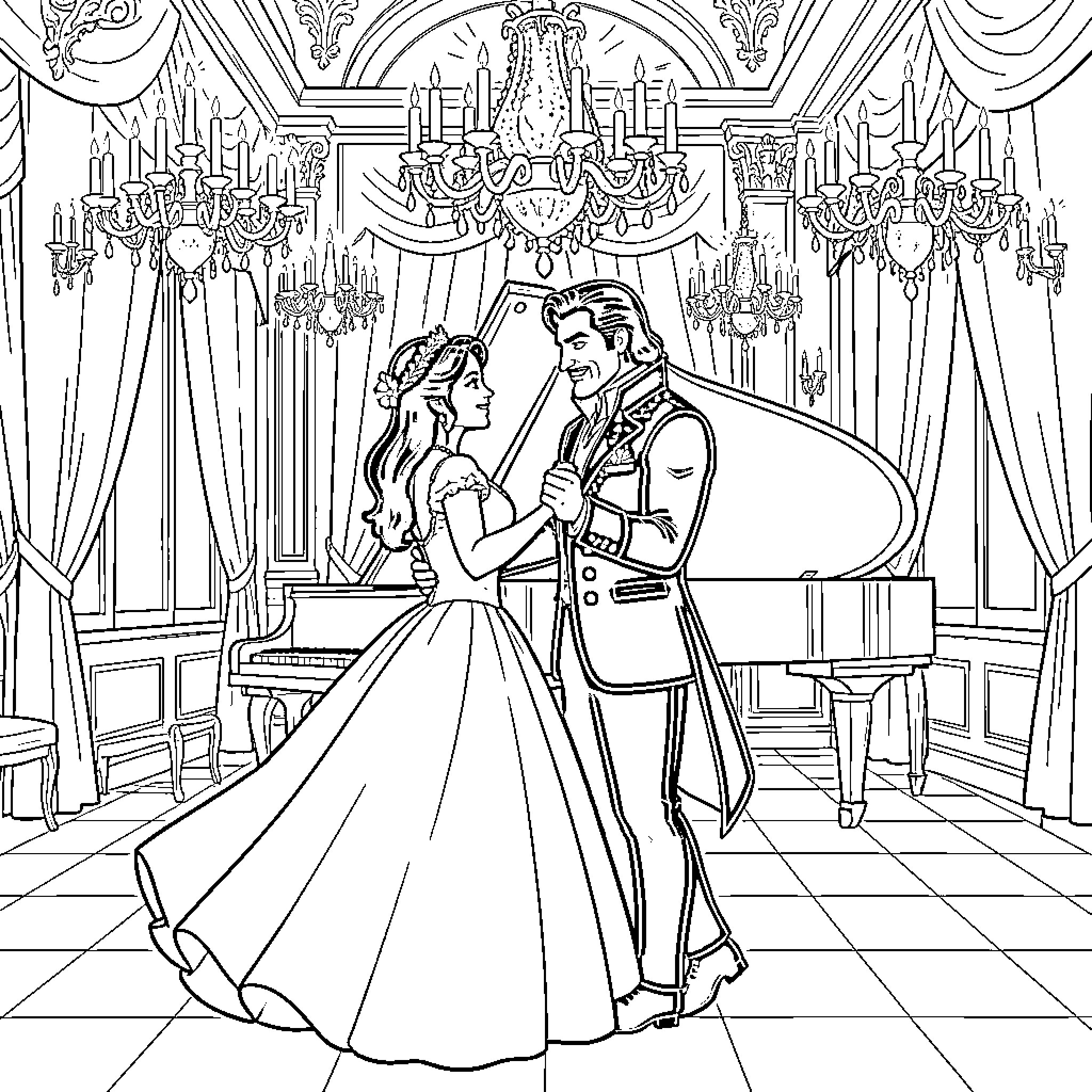 Bella y Bestia dancing together in grand ballroom Coloring Page (free black-and-white line drawing printable PDF for all, from beginners to advanced learners, including children, teens, adults, and seniors)
