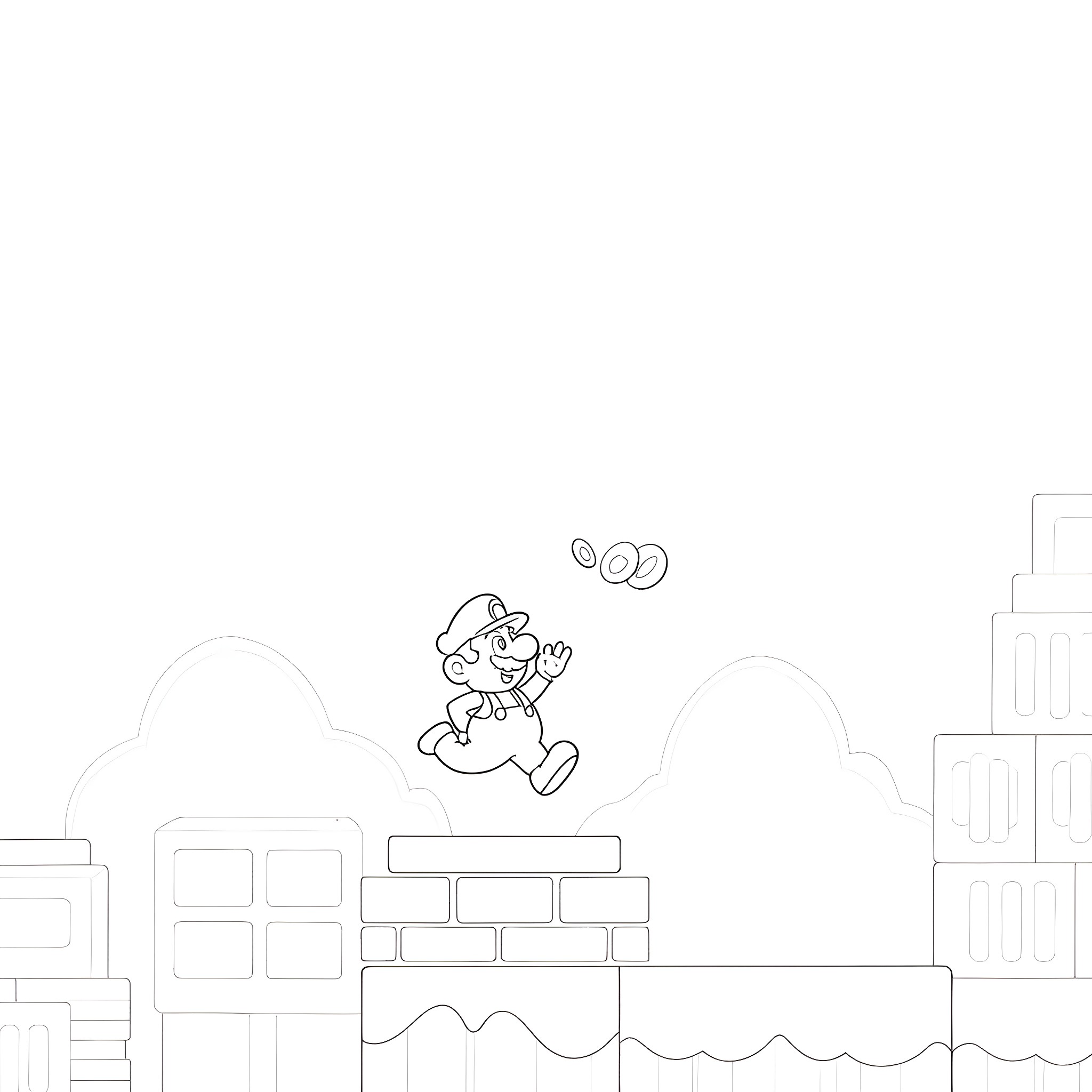 Super Mario Jumping on Platforms and Bricks Coloring Page (free black-and-white line drawing printable PDF for all, from beginners to advanced learners, including children, teens, adults, and seniors)