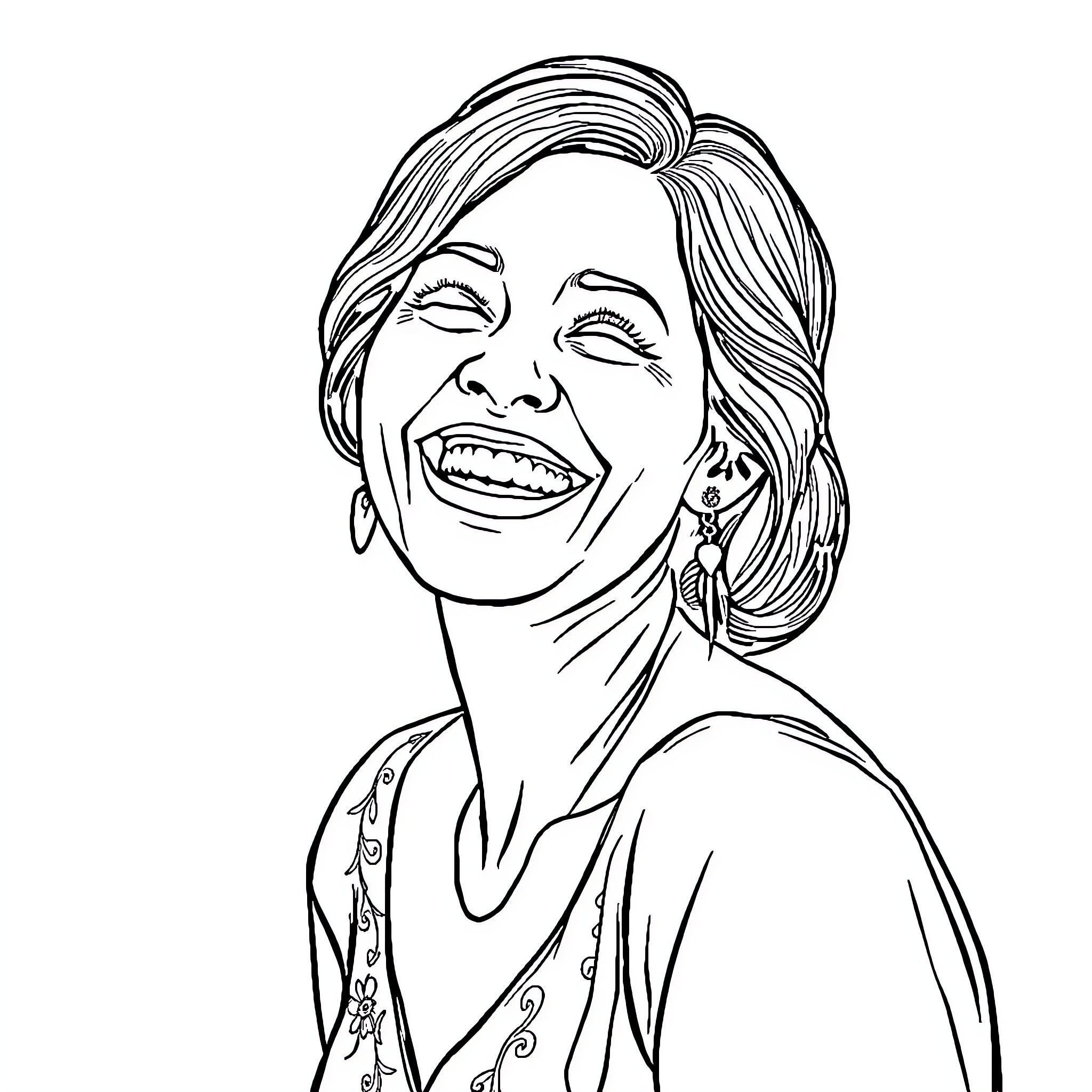Wife's joyful expression and vibrant outfit Coloring Page (free black-and-white line drawing printable PDF for all, from beginners to advanced learners, including children, teens, adults, and seniors)