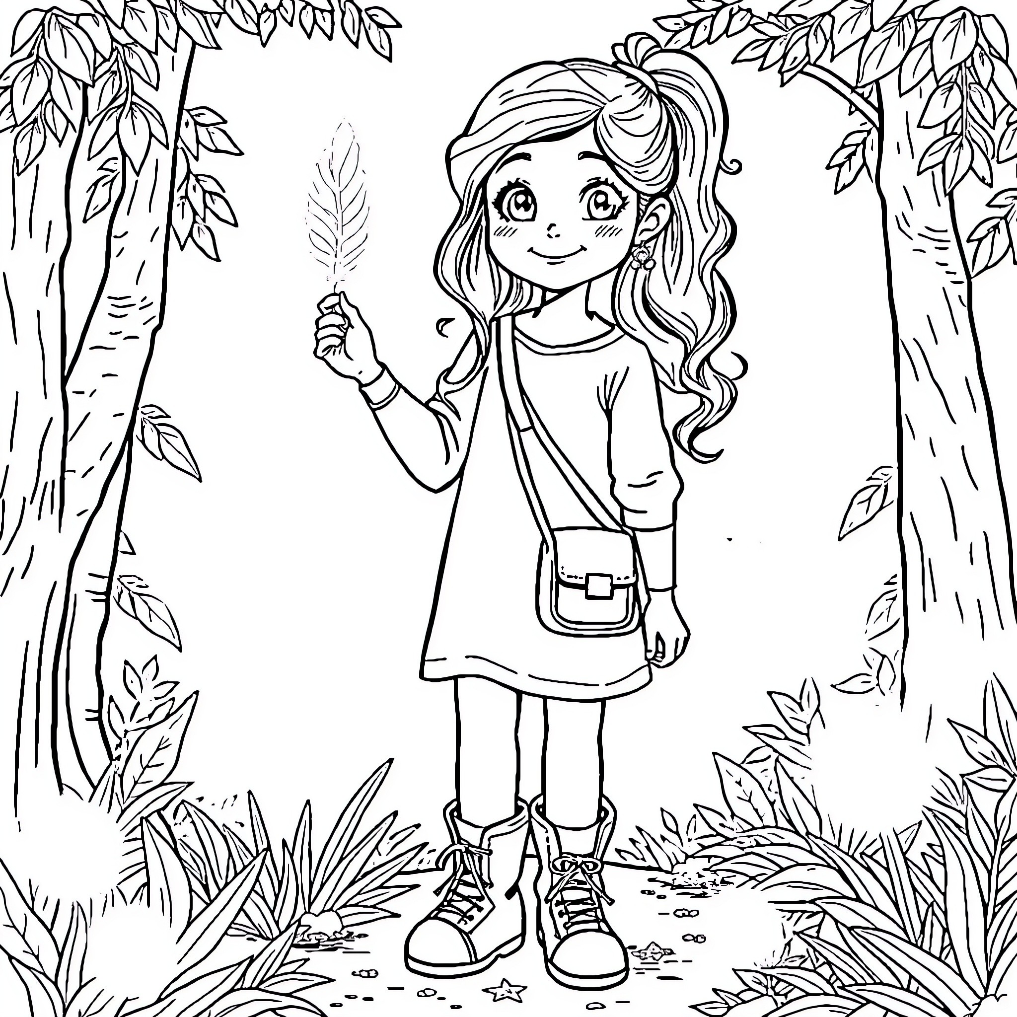 Girl exploring the enchanting forest with a leaf Coloring Page (free black-and-white line drawing printable PDF for all, from beginners to advanced learners, including children, teens, adults, and seniors)